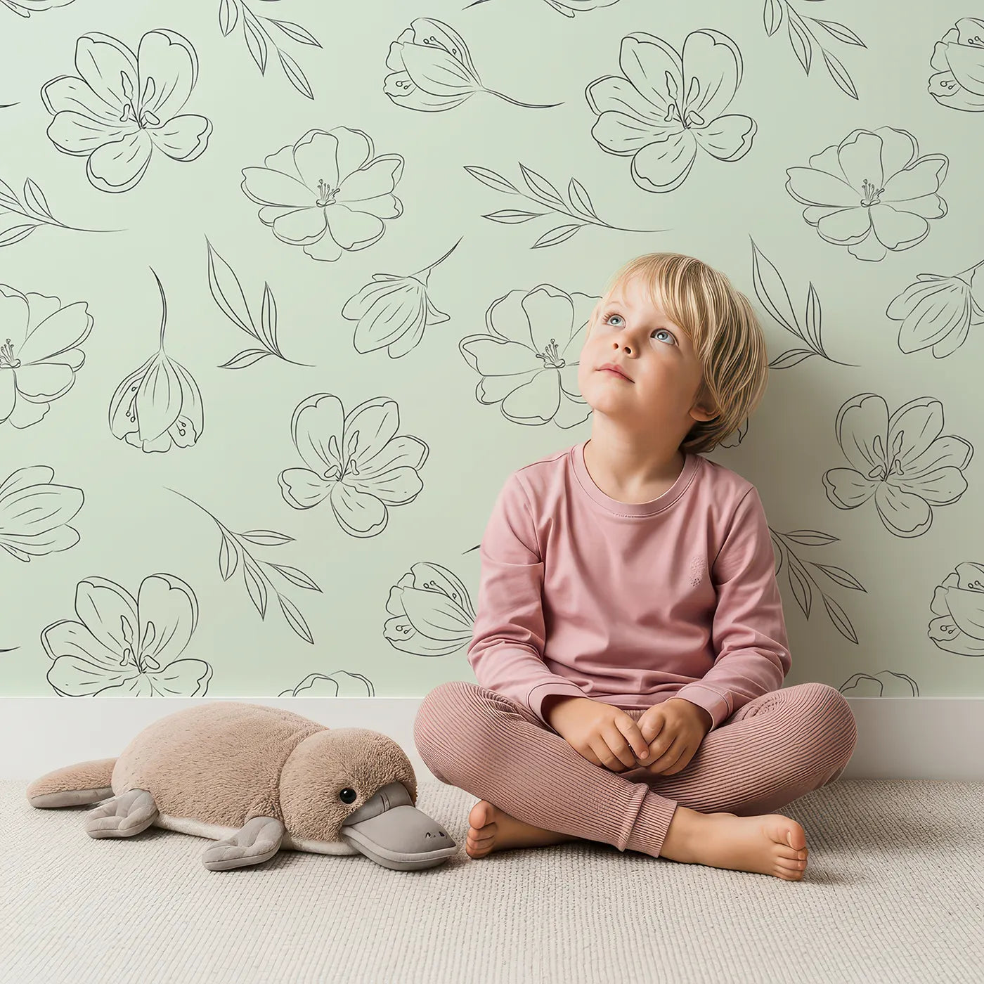 Lovely child standing in front of Whimsy Tots Line Art Bloom Wallpaper in Mint Green with flower, blossom, lineart, leaf in design.
