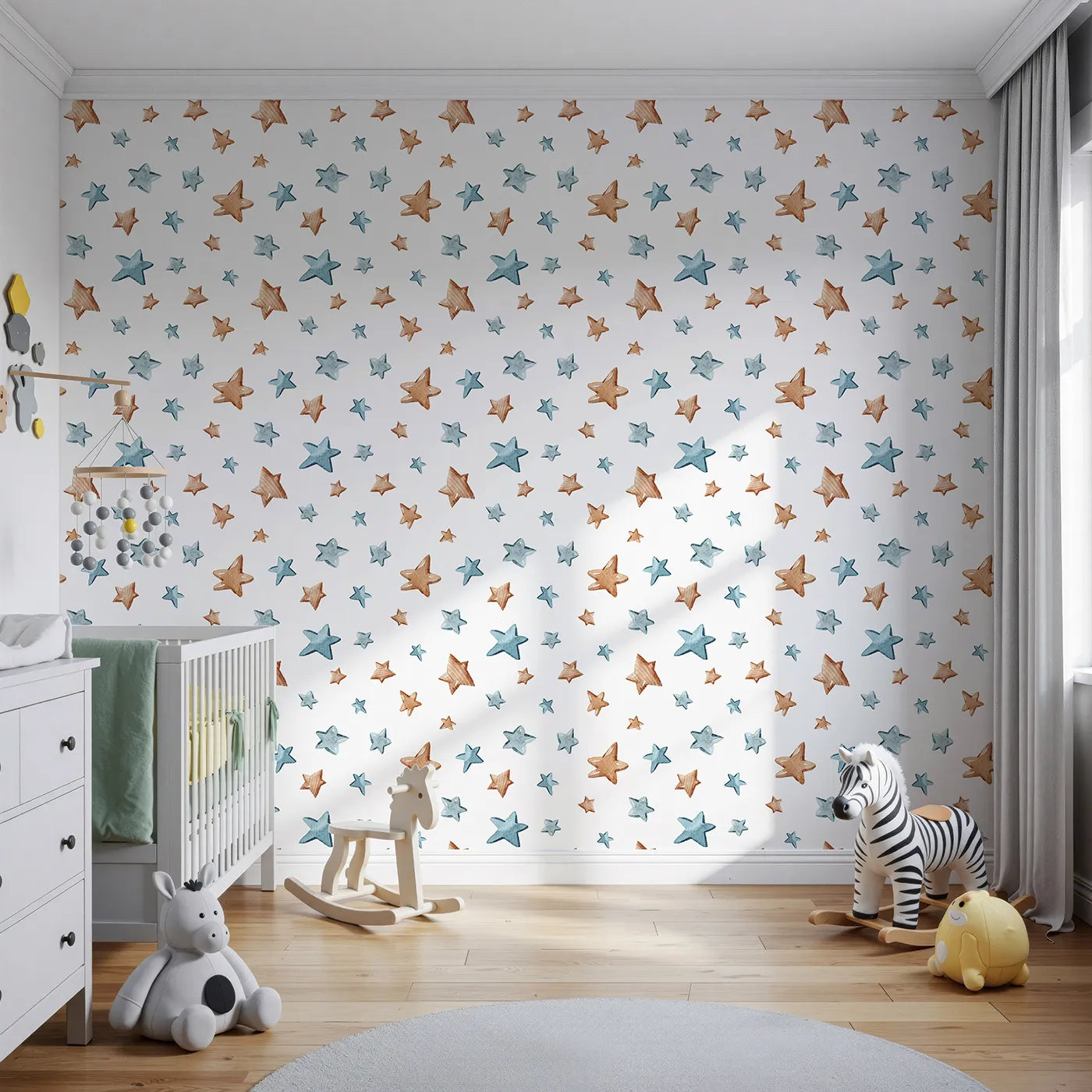 Front view of Whimsy Tots' Starry Drift Wallpaper in White