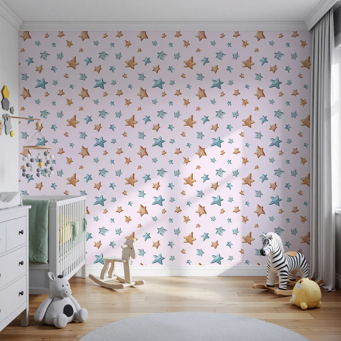 Front view of Whimsy Tots' Starry Drift Wallpaper in Pink