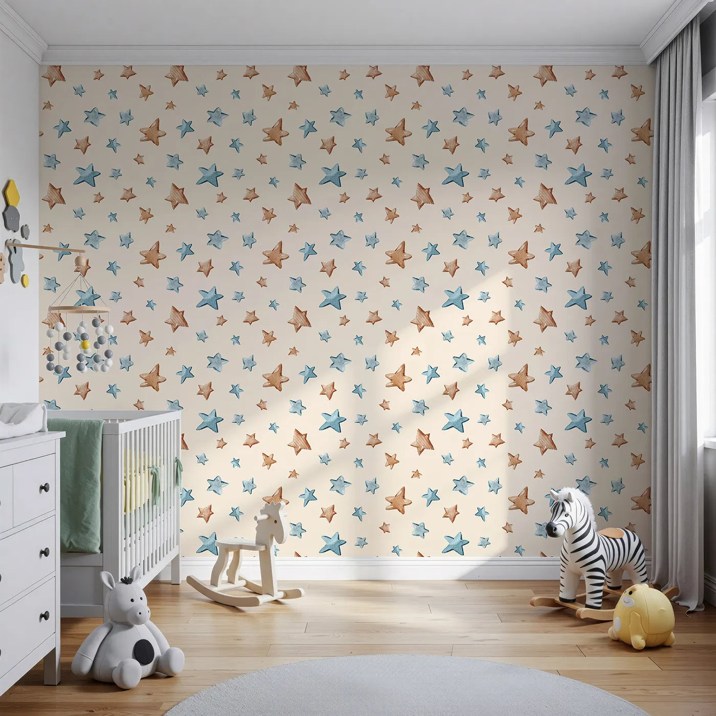Front view of Whimsy Tots' Starry Drift Wallpaper in Cream