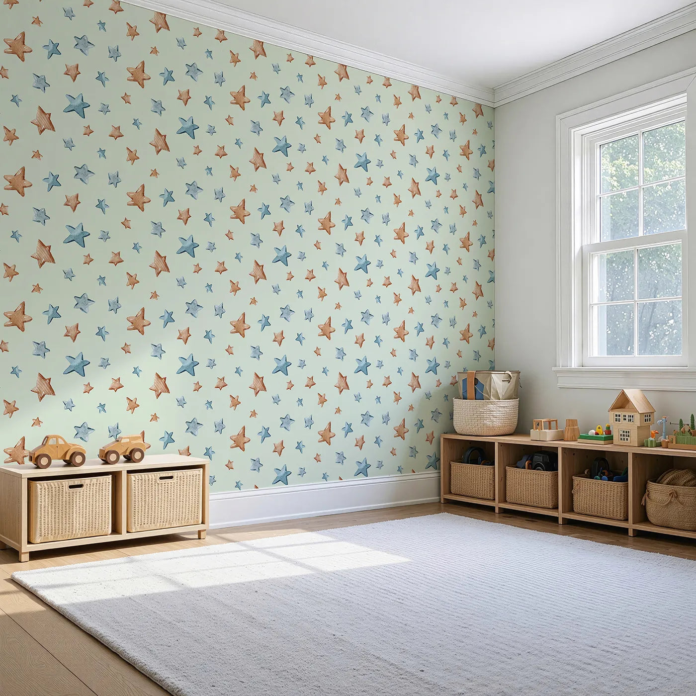 Angled view of Whimsy Tots' Starry Drift Wallpaper in Mint Green (W3341D).Brown and blue watercolor stars sparkle on fresh mint skies.