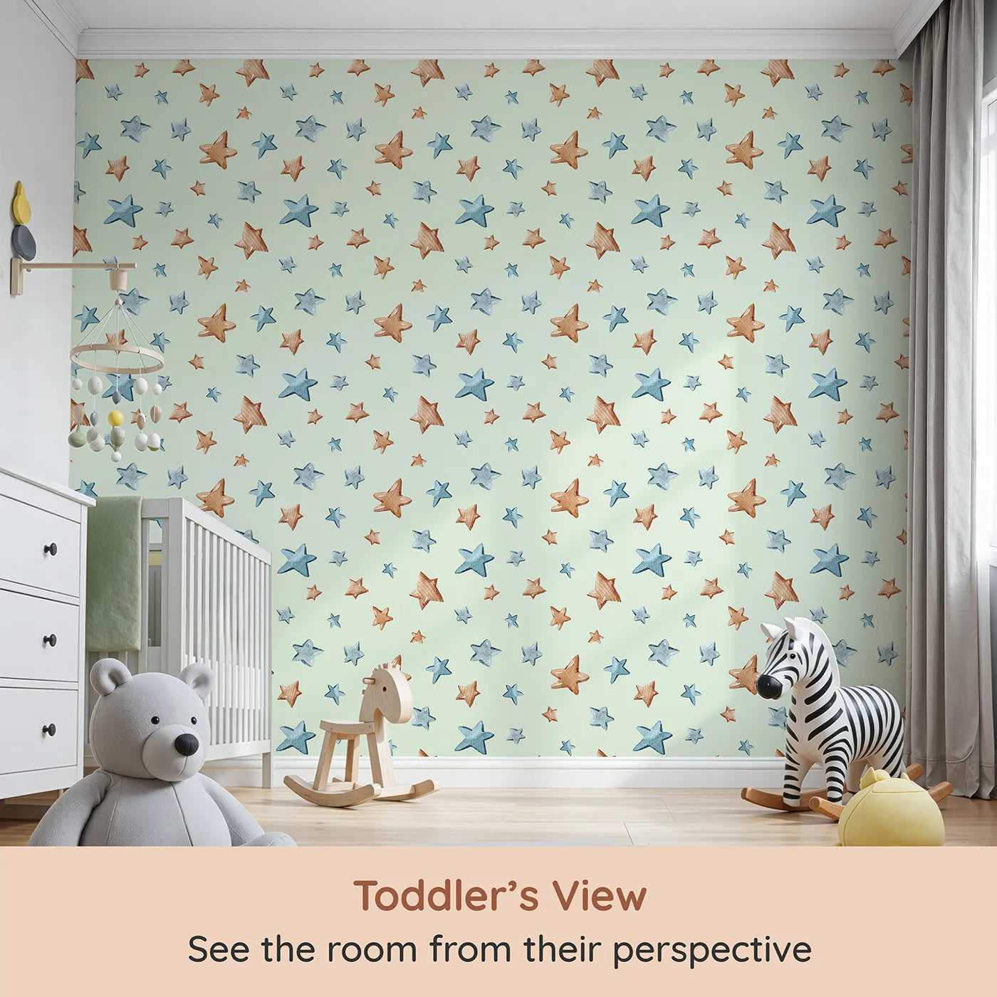 Whimsy Tots Starry Drift Wallpaper in Mint Green (W3341D) from your child's view.Brown and blue watercolor stars sparkle on fresh mint skies.