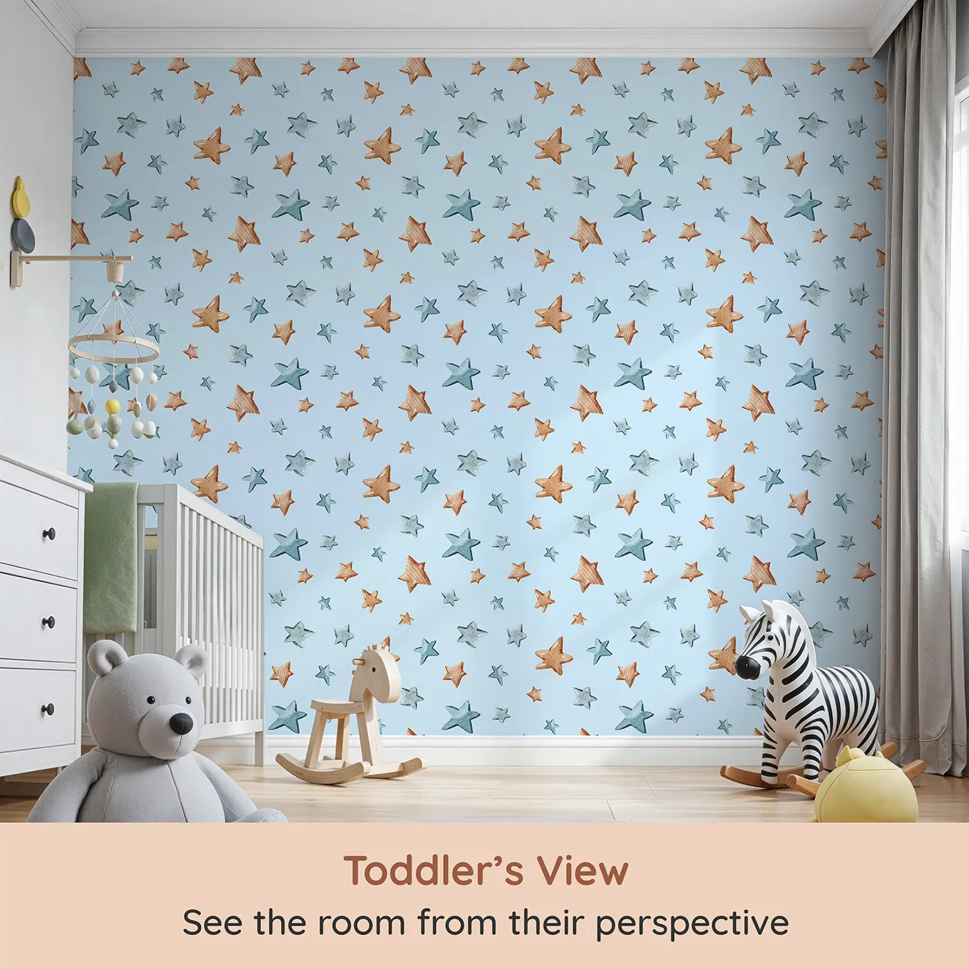 Whimsy Tots Starry Drift Wallpaper in Blue (W3341E) from your child's view.Brown and blue watercolor stars drift peacefully across powder blue skies.