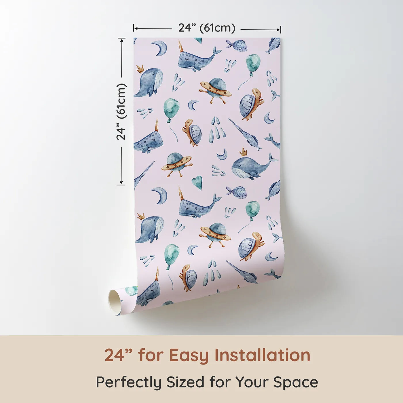 Dimension view of Whimsy Tots Ocean Galaxy Friends in Blush Pink (W3343B). Printed in 24-inch-wide panel for easy installation. Whimsical sea creatures and space icons drift across a pink sky of calm.