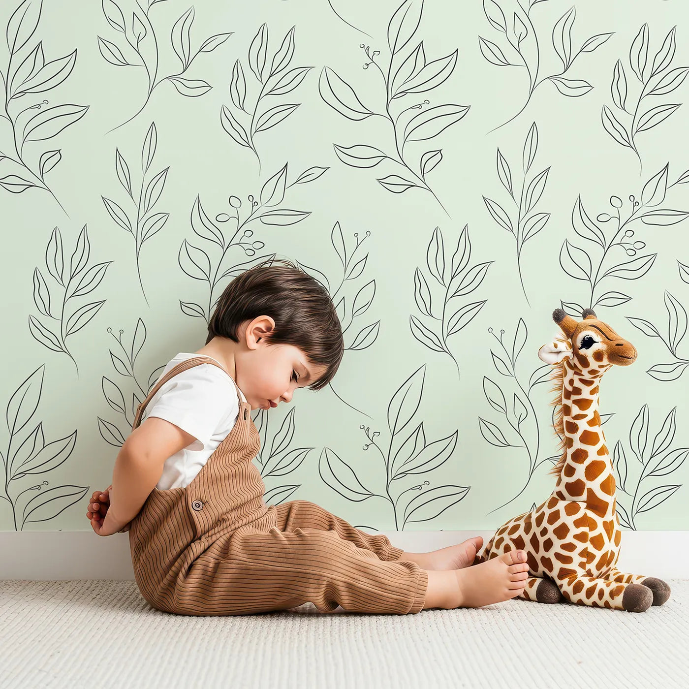 Lovely child standing in front of Whimsy Tots Botanical Sketch Garden in Mint Green with leaf, berry, branch, sprig in design.