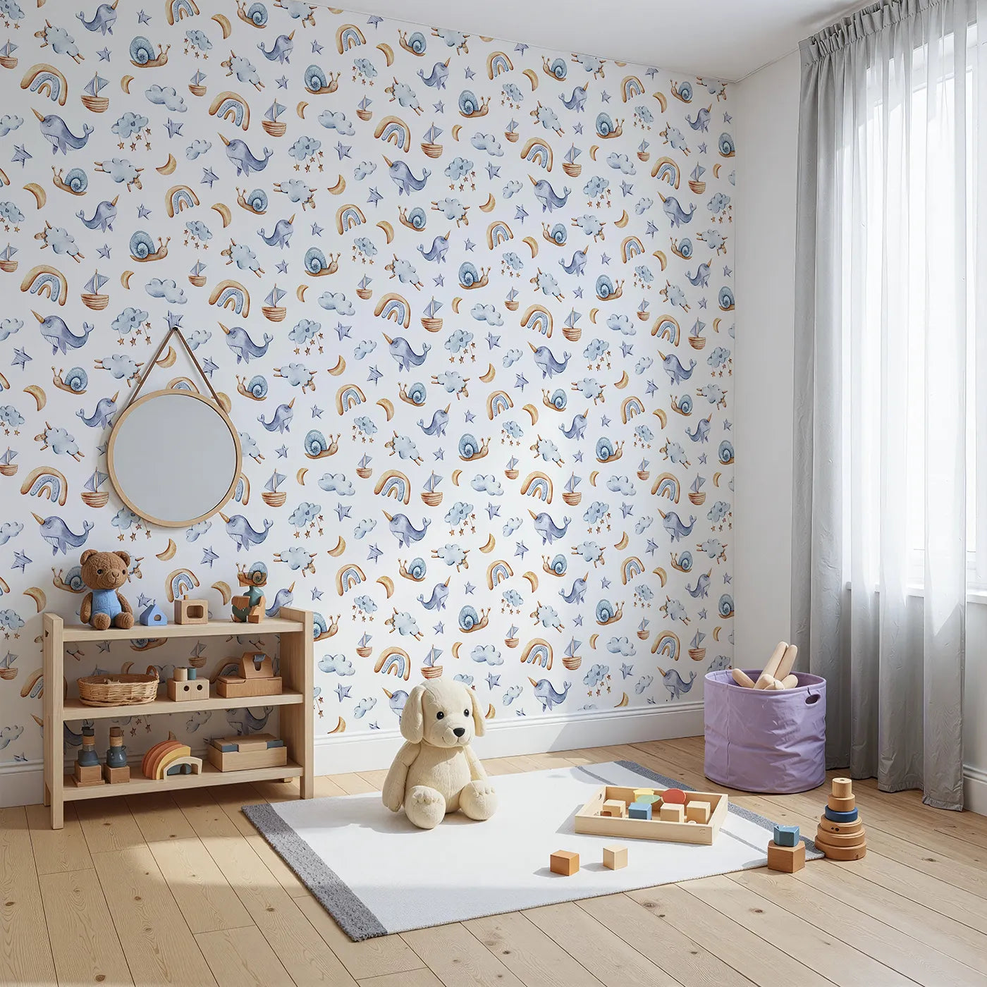 Angled view of Whimsy Tots' Sleepy Sky Parade (W3345A).Sheep, narwhals, boats, and stars drift across a sleepy blue sky.