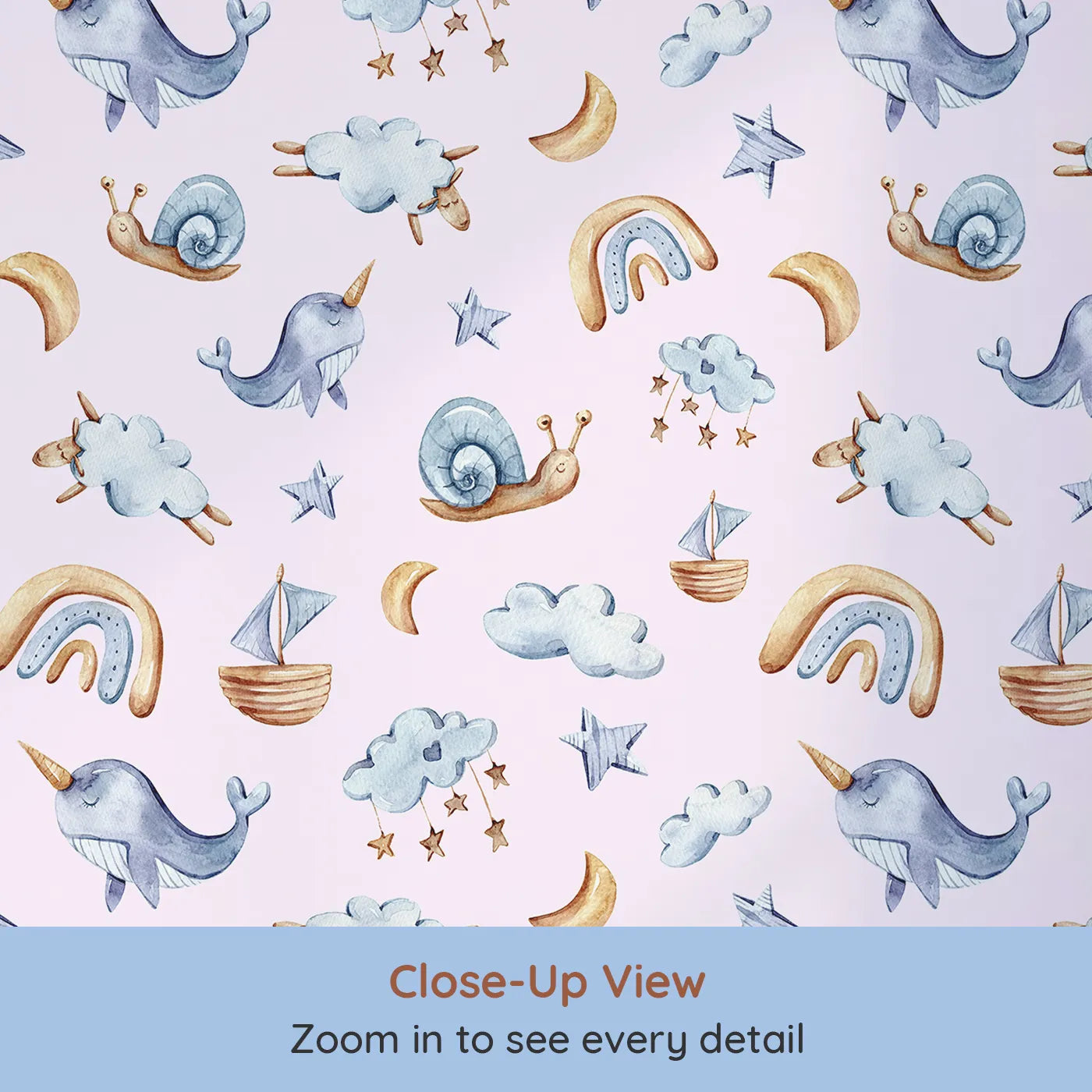 Close-up view of Whimsy Tots' Sleepy Sky Parade in Pink (W3345B).Sheep, narwhals, boats, and stars drift across a sleepy pastel pink sky.