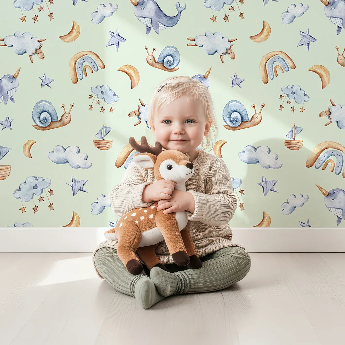 Lovely child standing in front of Whimsy Tots Sleepy Sky Parade in Mint Green with sheep, snail, narwhal, whale, cloud, star, moon, rainbow, sailboat in design.