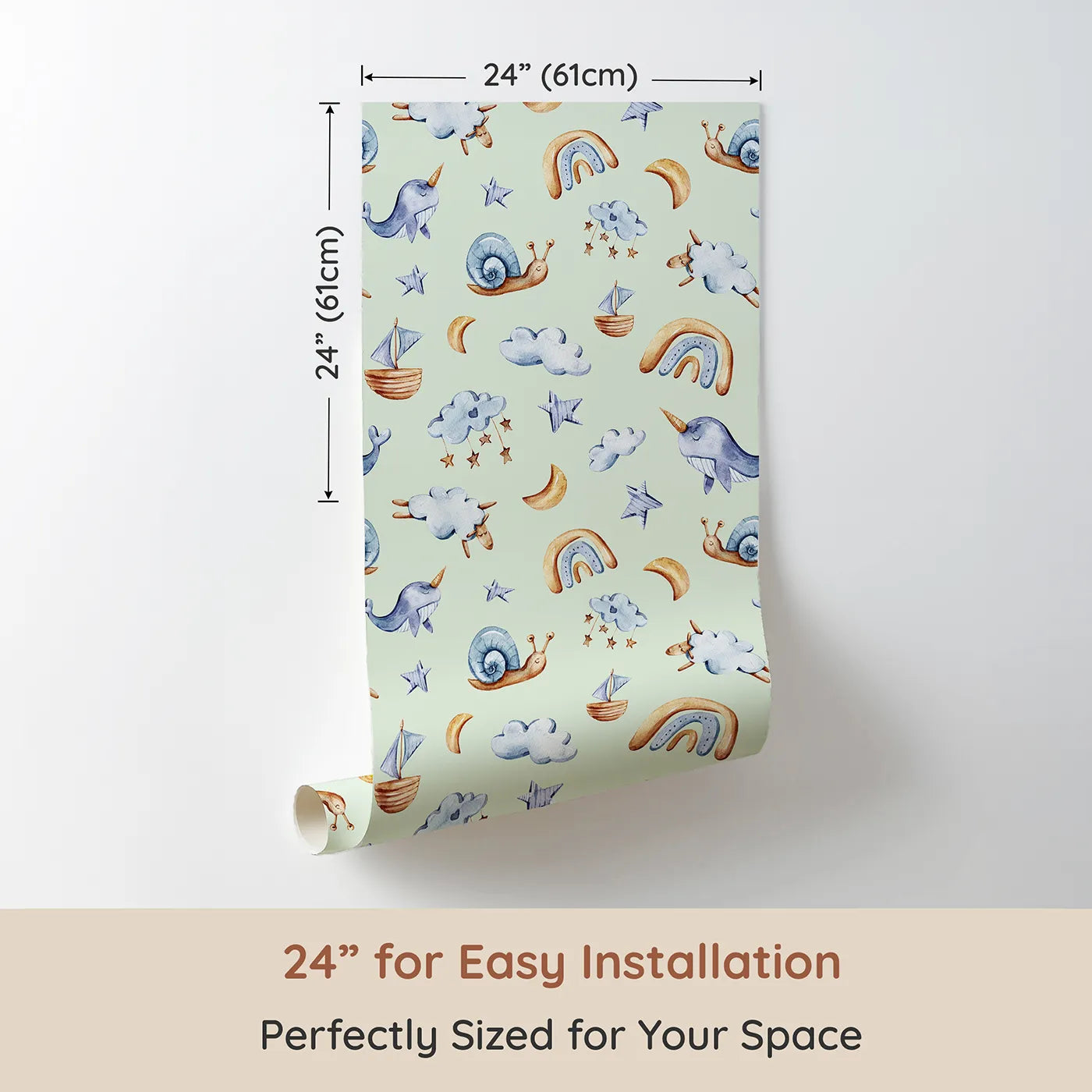 Dimension view of Whimsy Tots Sleepy Sky Parade in Mint Green (W3345D). Printed in 24-inch-wide panel for easy installation. Whales, sheep, and rainbows drift across a gentle minty sky.