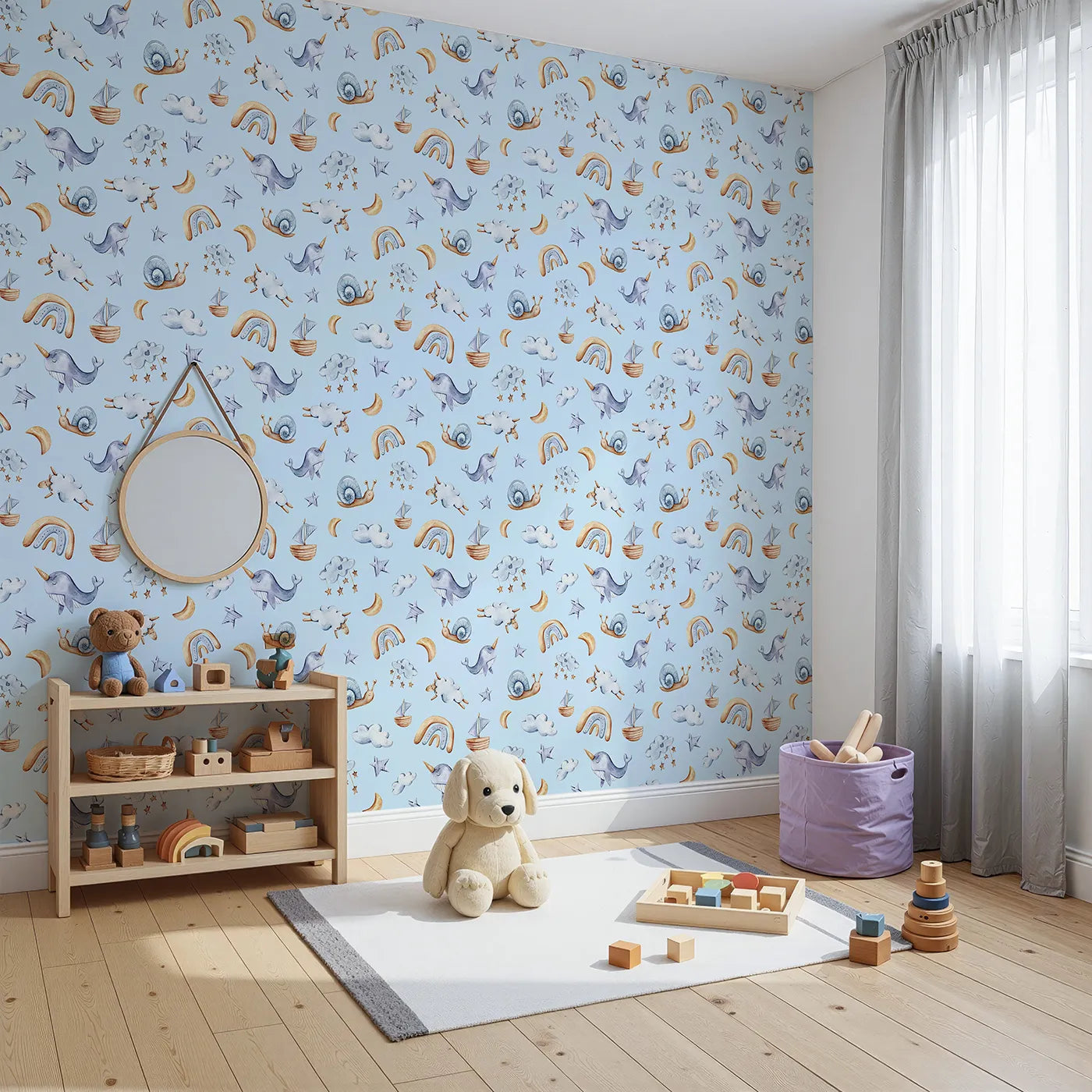 Angled view of Whimsy Tots' Sleepy Sky Parade in Blue (W3345E).Whimsical creatures float across a calm sky of soft blue dreams.