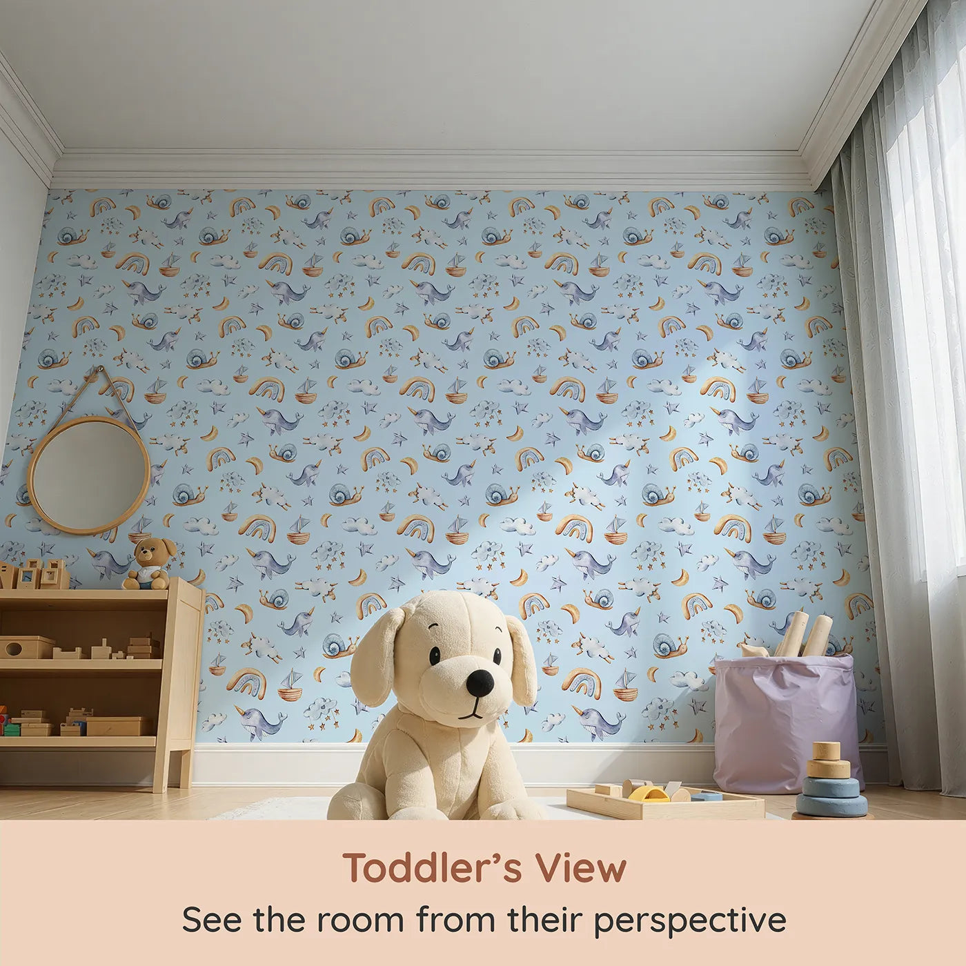 Whimsy Tots Sleepy Sky Parade in Blue (W3345E) from your child's view.Whimsical creatures float across a calm sky of soft blue dreams.