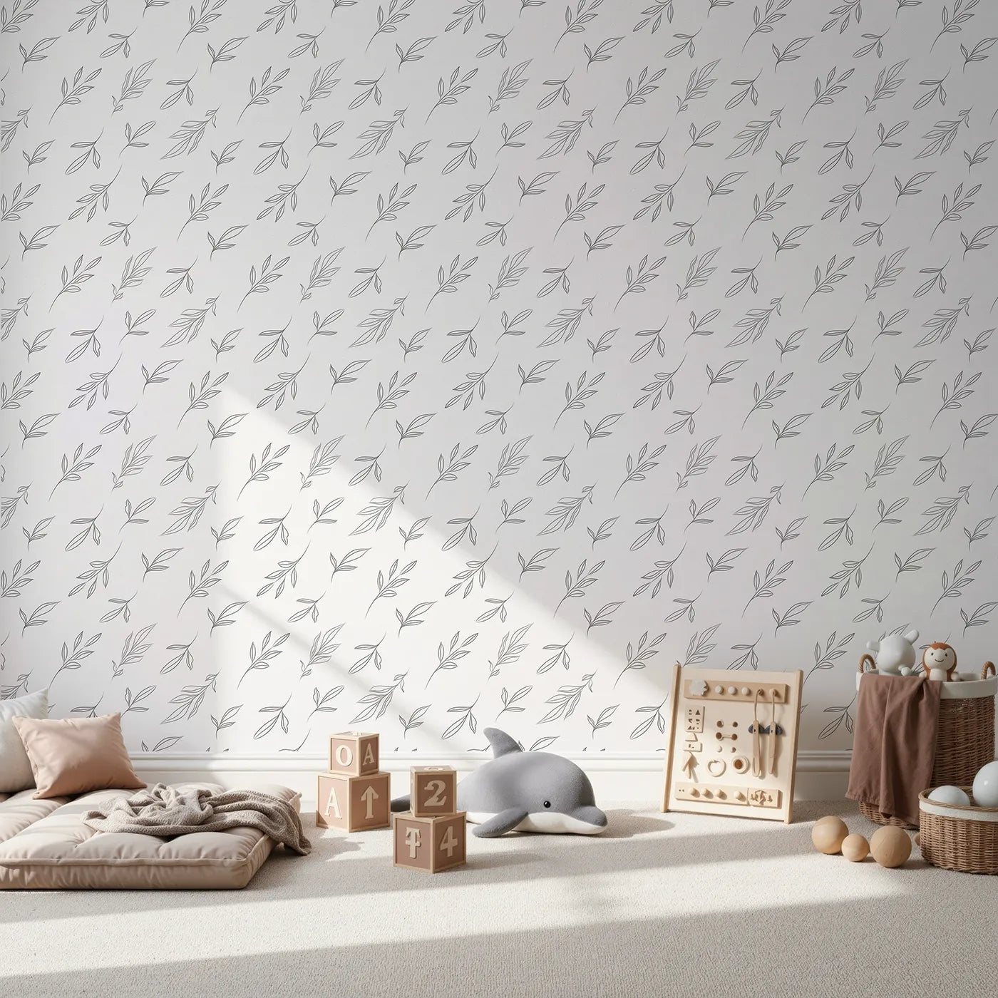 Front view of Whimsy Tots' Line Art Leaf Dance Wallpaper in White