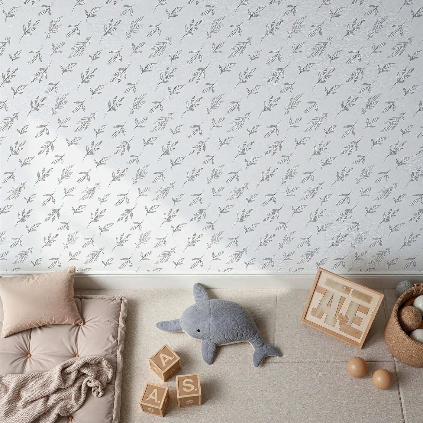 Top-Down view of Whimsy Tots' Line Art Leaf Dance Wallpaper in White (W3346A).Fineโline leaves drift in calming rhythm.