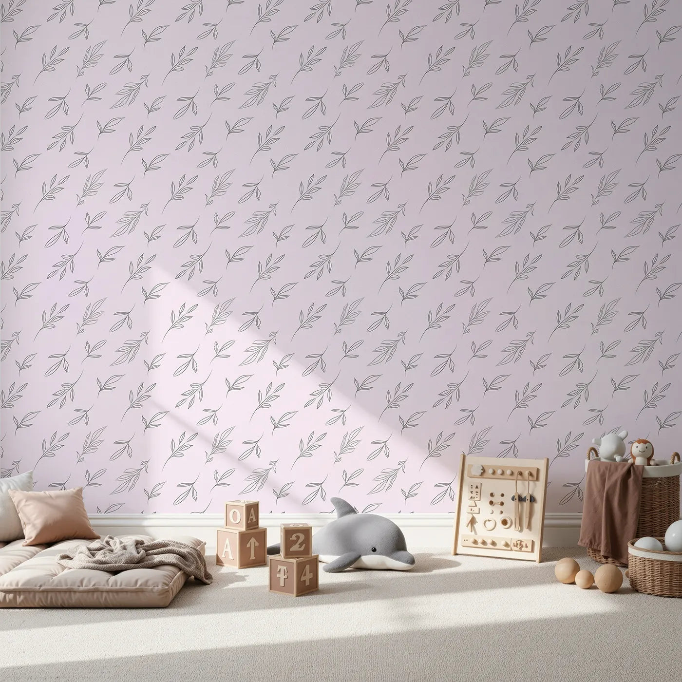 Front view of Whimsy Tots' Line Art Leaf Dance Wallpaper in Blush Pink