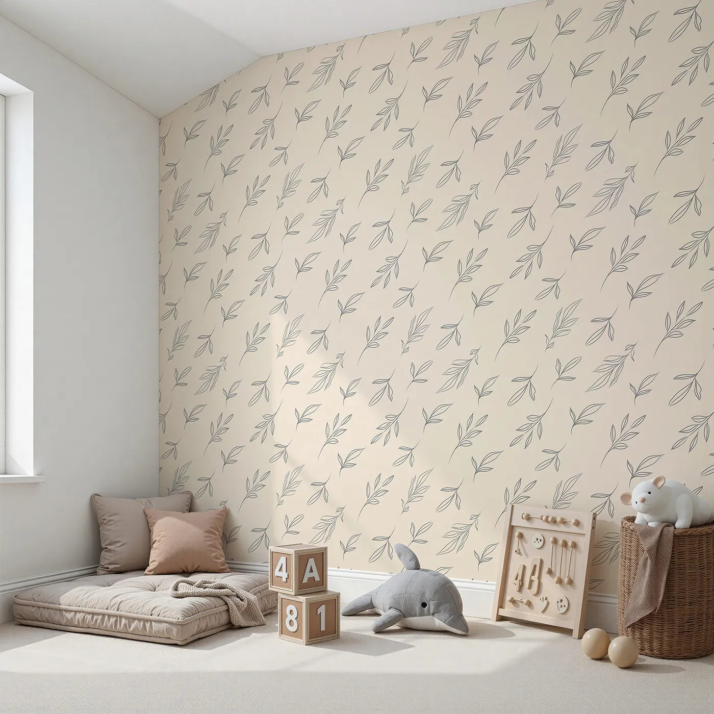 Angled view of Whimsy Tots' Line Art Leaf Dance Wallpaper in Beige (W3346C).Fineโline leaves drift in calming rhythm.