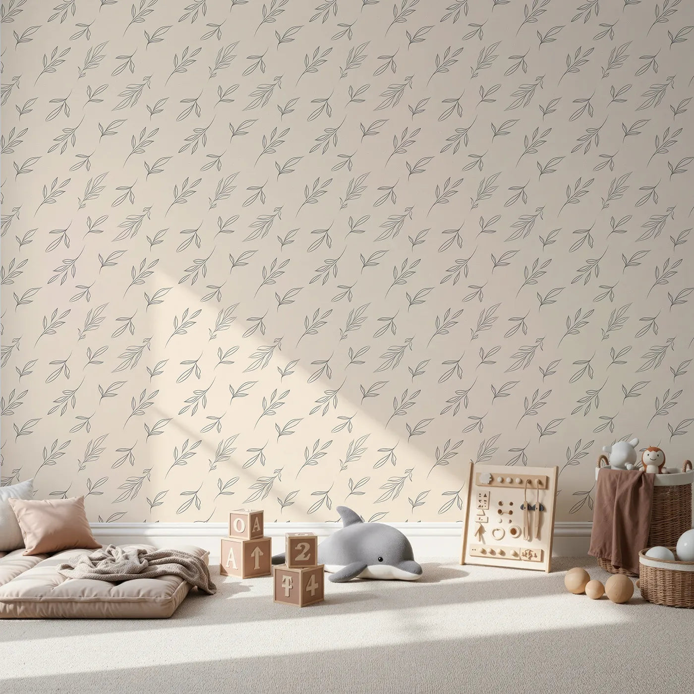 Front view of Whimsy Tots' Line Art Leaf Dance Wallpaper in Beige