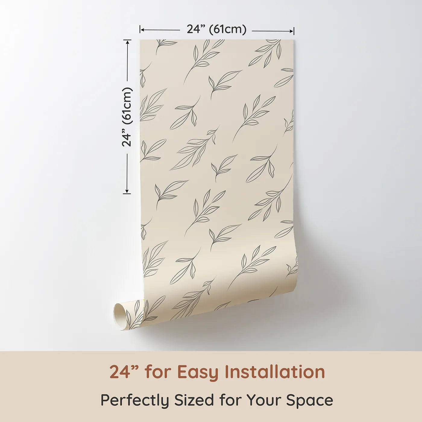 Dimension view of Whimsy Tots Line Art Leaf Dance Wallpaper in Beige (W3346C). Printed in 24-inch-wide panel for easy installation. Fineโline leaves drift in calming rhythm.