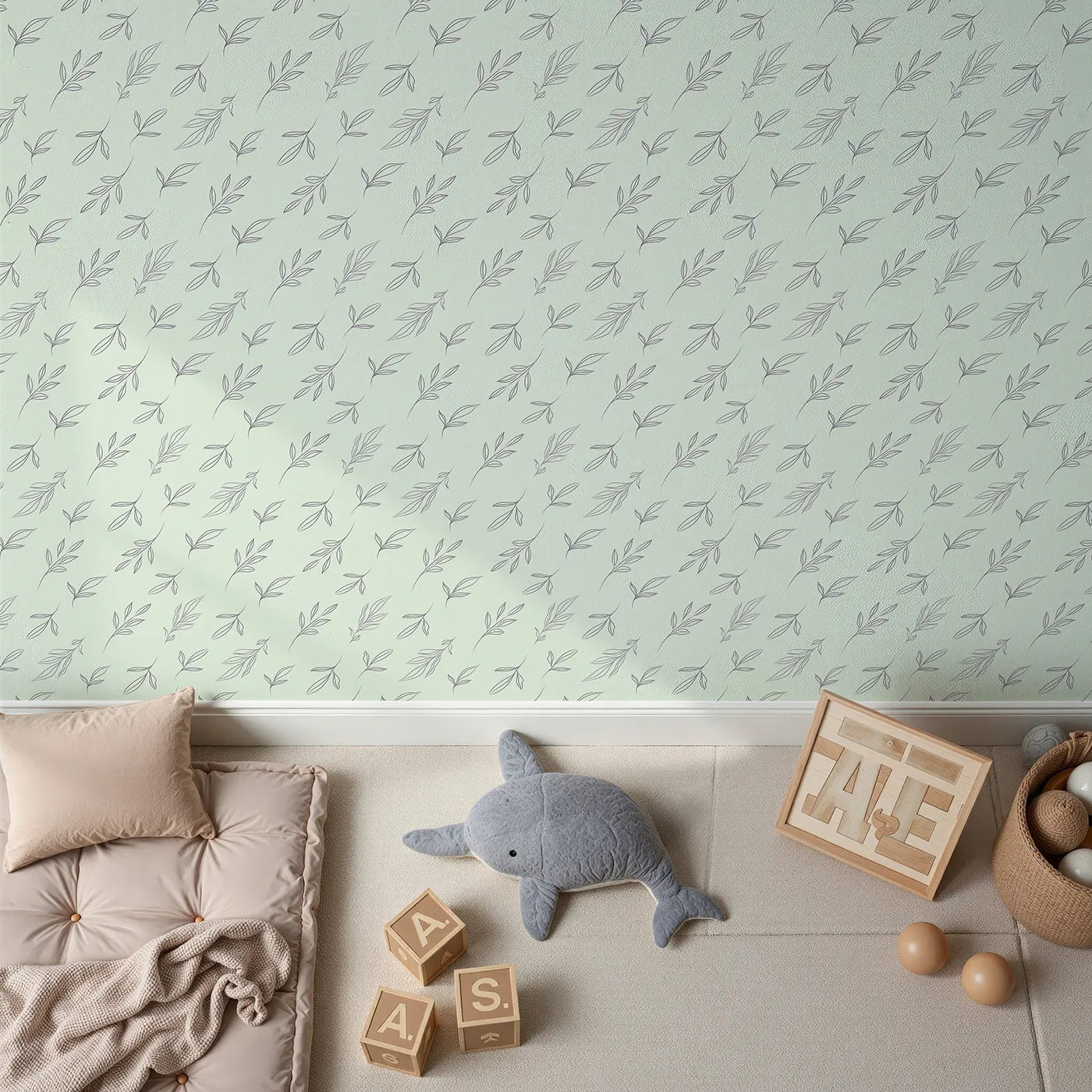 Top-Down view of Whimsy Tots' Line Art Leaf Dance Wallpaper in Mint Green (W3346D).Fineโline leaves drift in calming rhythm.