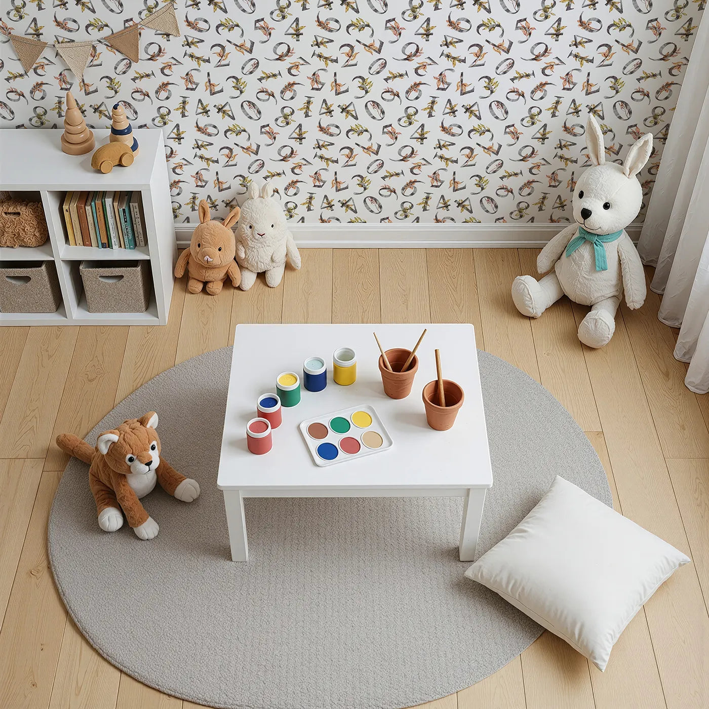 Top-Down view of Whimsy Tots' Botanical Numbers Garden in White (W3348A).Watercolor numbers bloom with leafy charm on clean white skies.