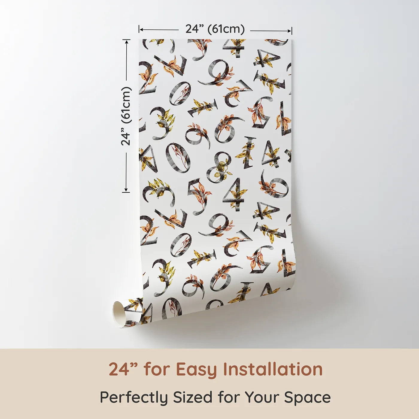 Dimension view of Whimsy Tots Botanical Numbers Garden in White (W3348A). Printed in 24-inch-wide panel for easy installation. Watercolor numbers bloom with leafy charm on clean white skies.