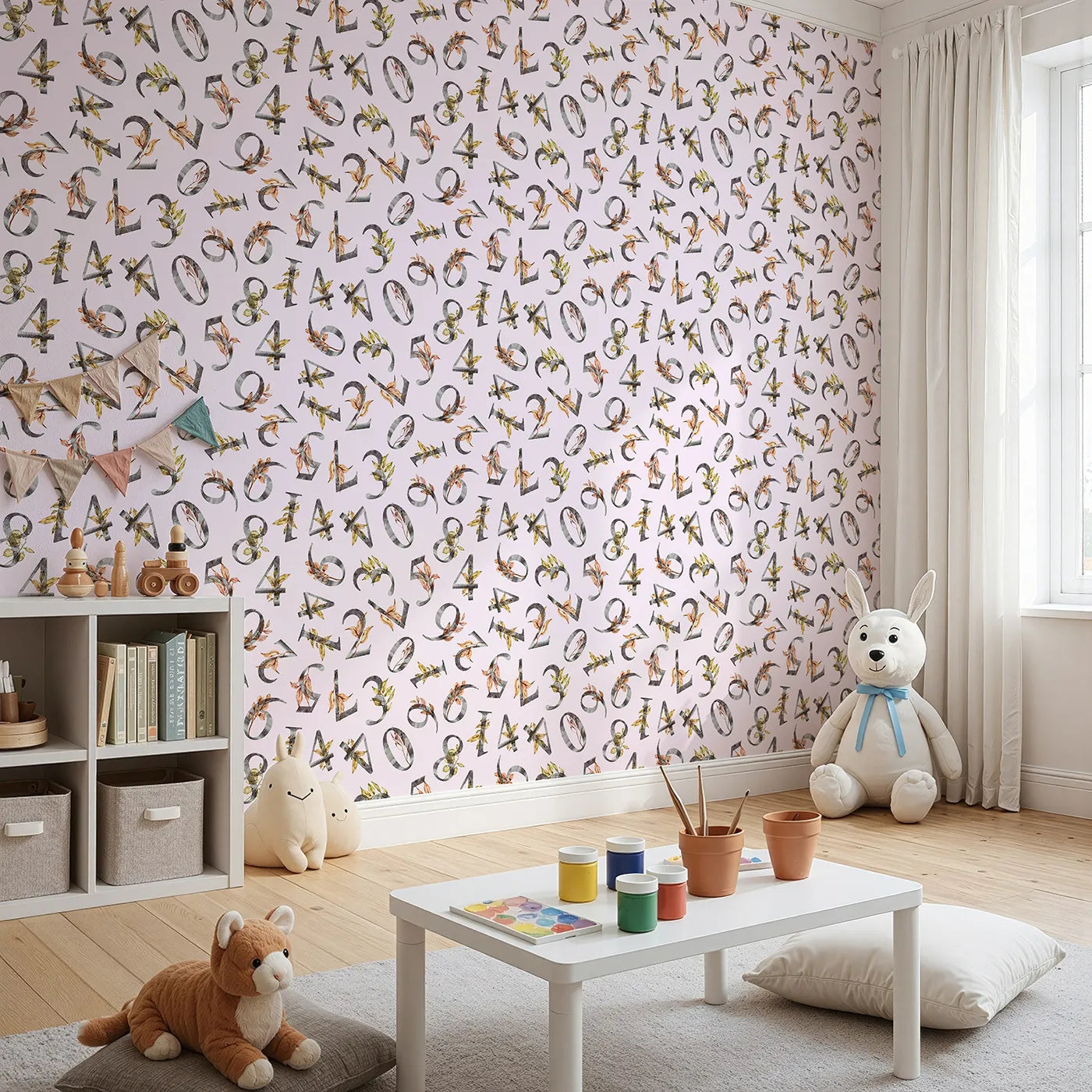 Angled view of Whimsy Tots' Botanical Numbers Garden in Blush Pink (W3348B).Leafy numbers bloom gently across a calming blush-pink background.