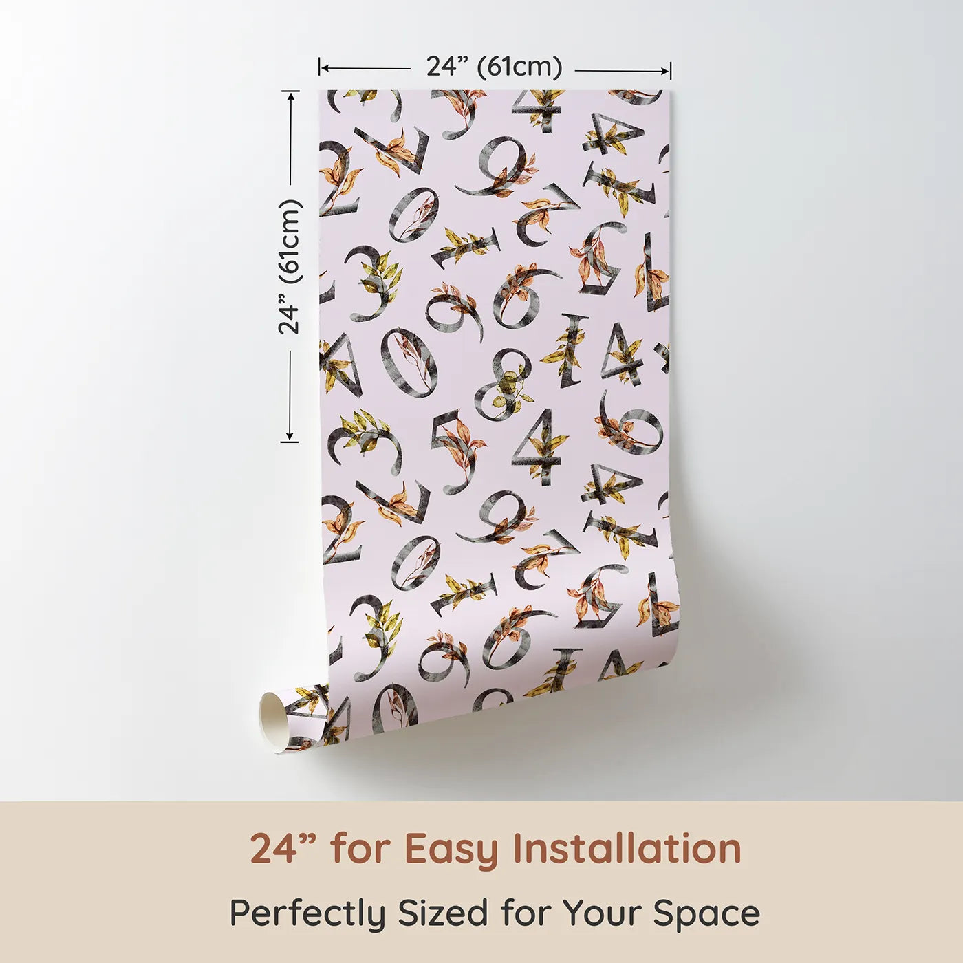 Dimension view of Whimsy Tots Botanical Numbers Garden in Blush Pink (W3348B). Printed in 24-inch-wide panel for easy installation. Leafy numbers bloom gently across a calming blush-pink background.