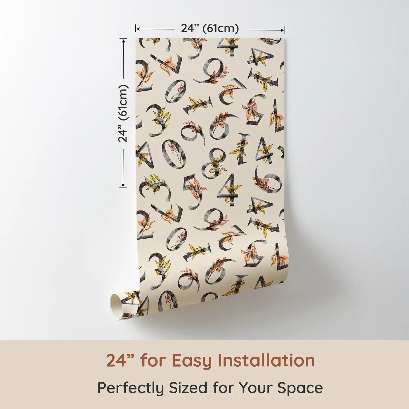 Dimension view of Whimsy Tots Botanical Numbers Garden in Sand (W3348C). Printed in 24-inch-wide panel for easy installation. Watercolor numbers bloom among soft leaves on a warm sand-toned sky.