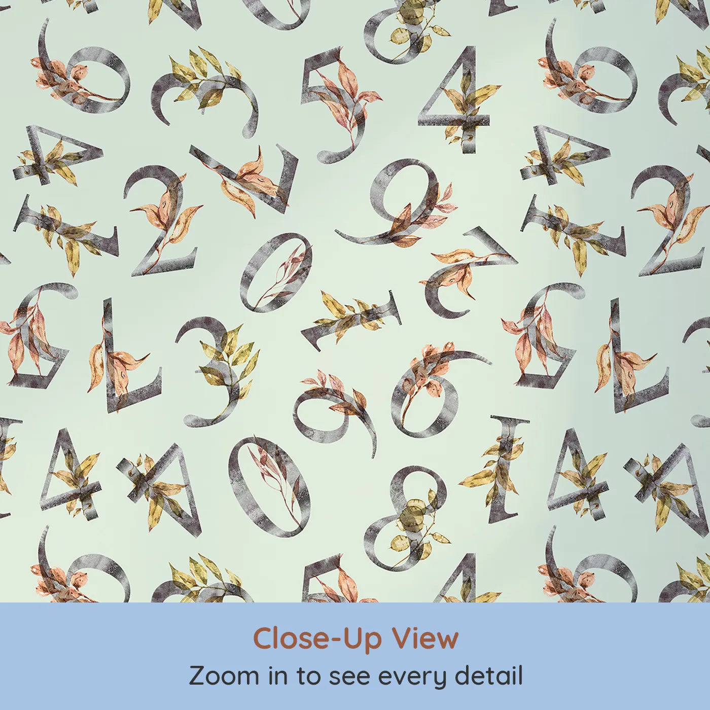 Close-up view of Whimsy Tots' Botanical Numbers Garden in Mint Green (W3348D).Watercolor numbers and leaves drift across a soft minty breeze.