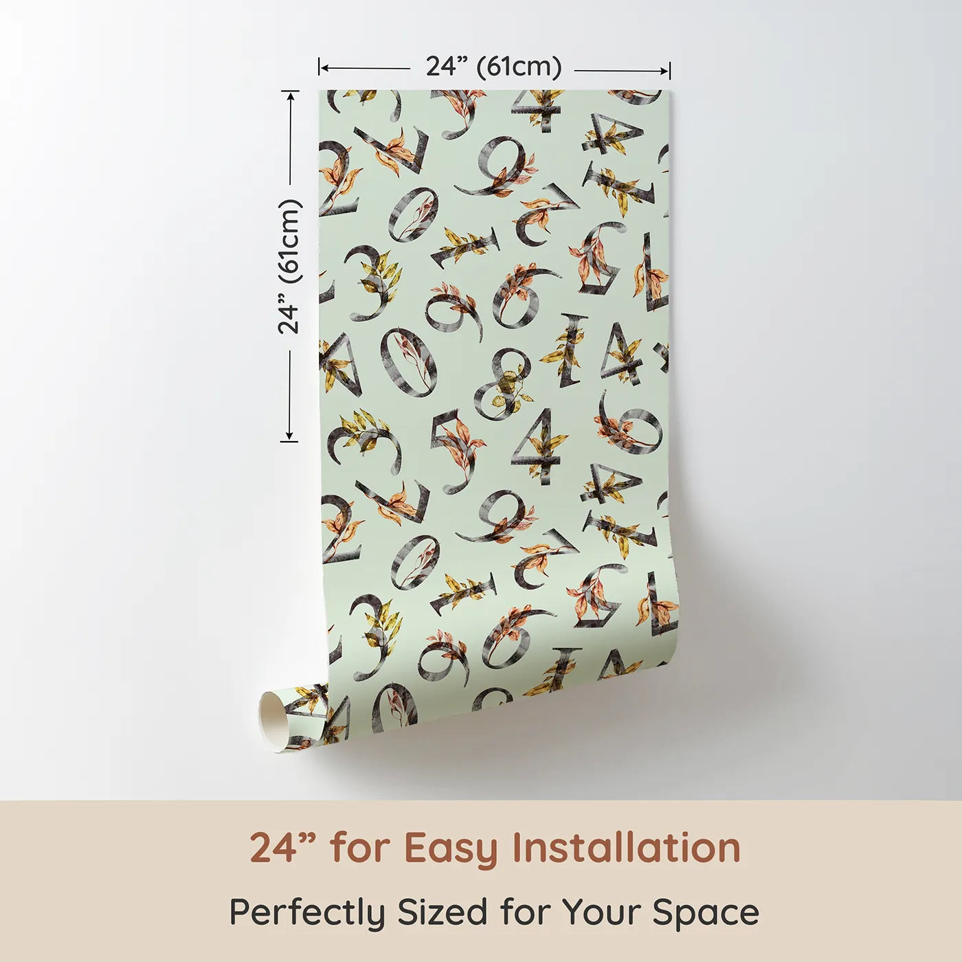 Dimension view of Whimsy Tots Botanical Numbers Garden in Mint Green (W3348D). Printed in 24-inch-wide panel for easy installation. Watercolor numbers and leaves drift across a soft minty breeze.