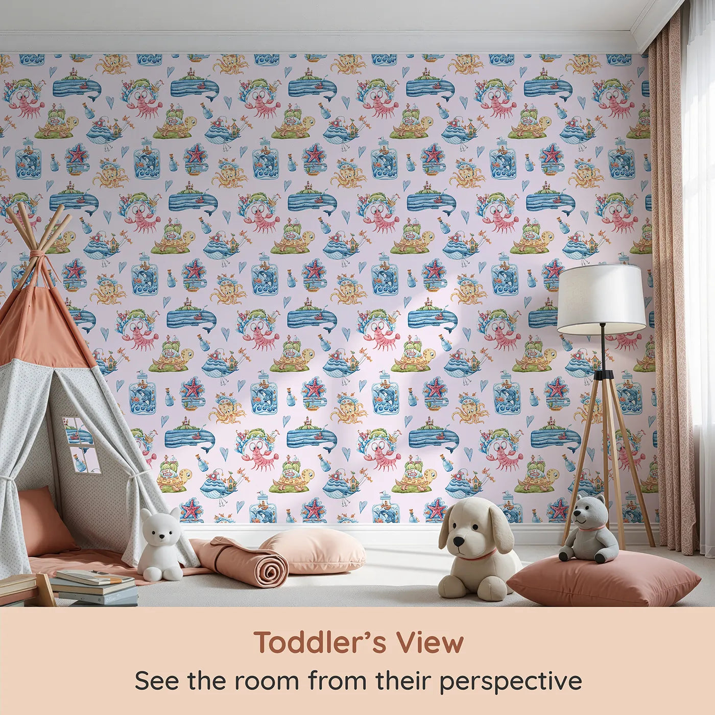 Whimsy Tots Seaside Story Friends in Blush Pink (W3350B) from your child's view.Gentle seas and joyful creatures invite giggles and wonder.