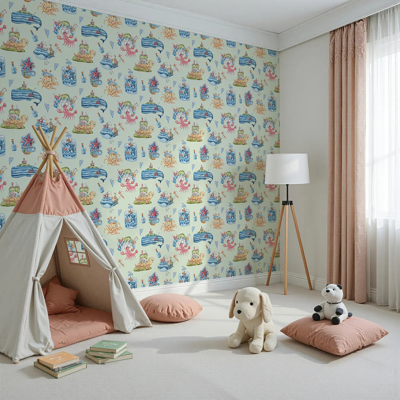 Angled view of Whimsy Tots' Seaside Story Friends in Mint Green (W3350D).Playful sea creatures float gently across soft minty skies.