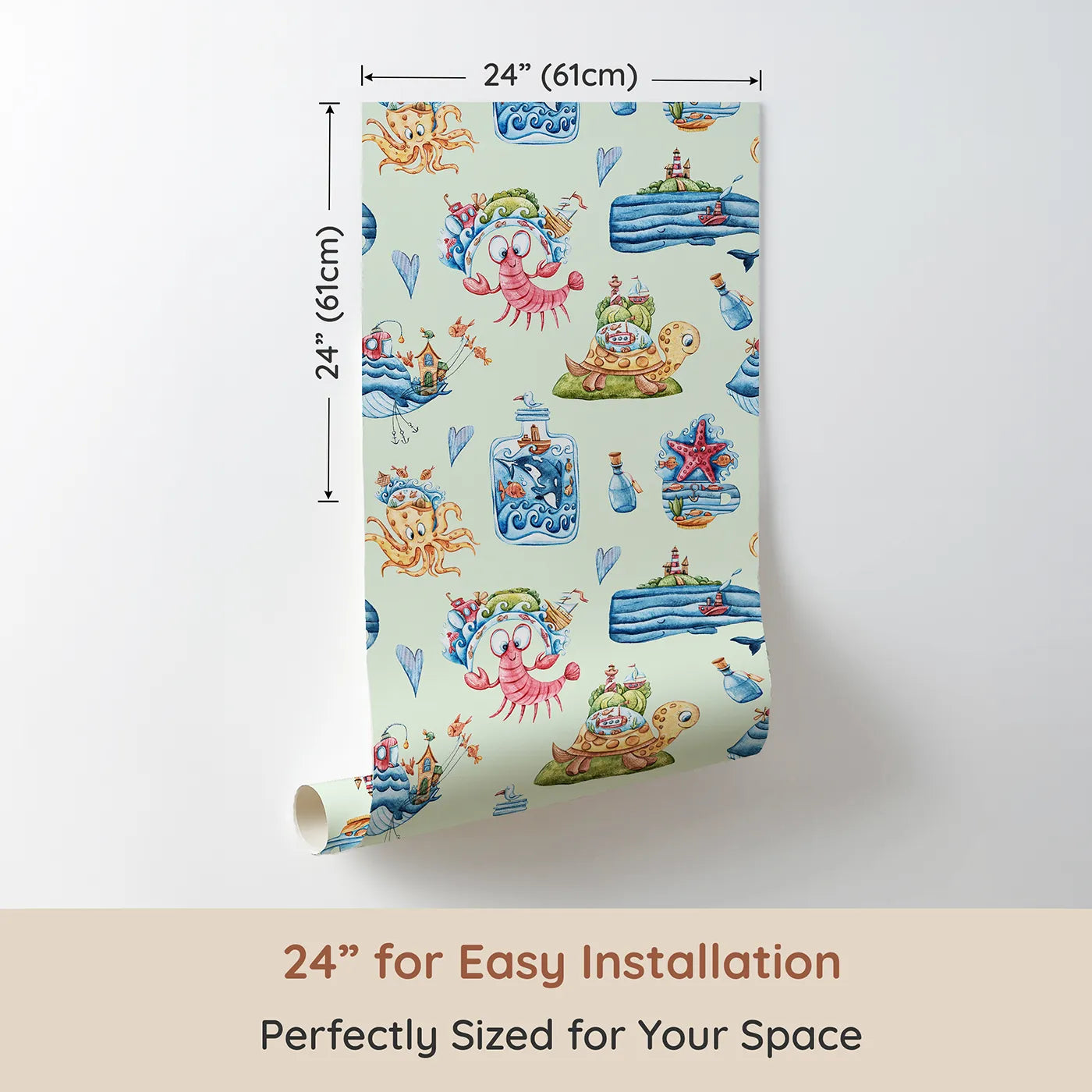 Dimension view of Whimsy Tots Seaside Story Friends in Mint Green (W3350D). Printed in 24-inch-wide panel for easy installation. Playful sea creatures float gently across soft minty skies.
