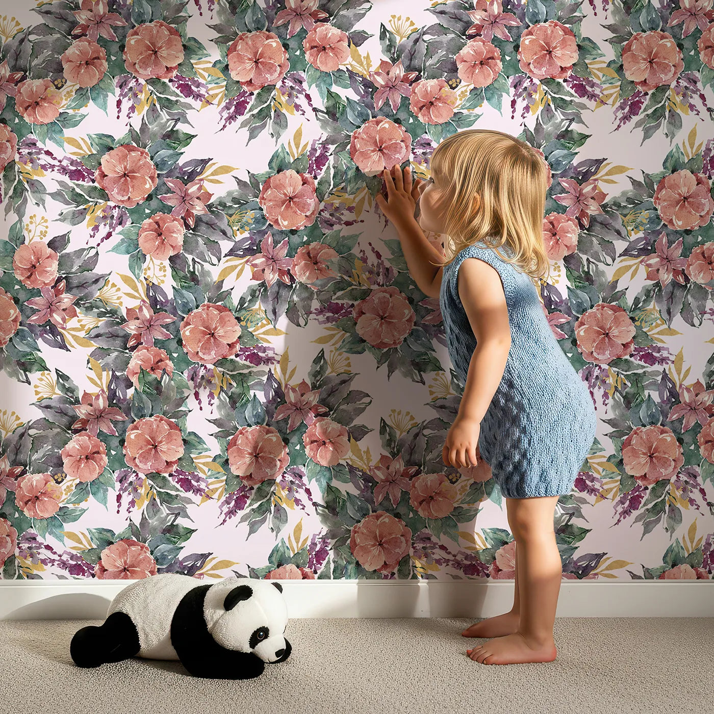 Lovely child standing in front of Whimsy Tots Autumn Bloom Cascade in Blush Pink with flower, petal, leaf, vine in design.