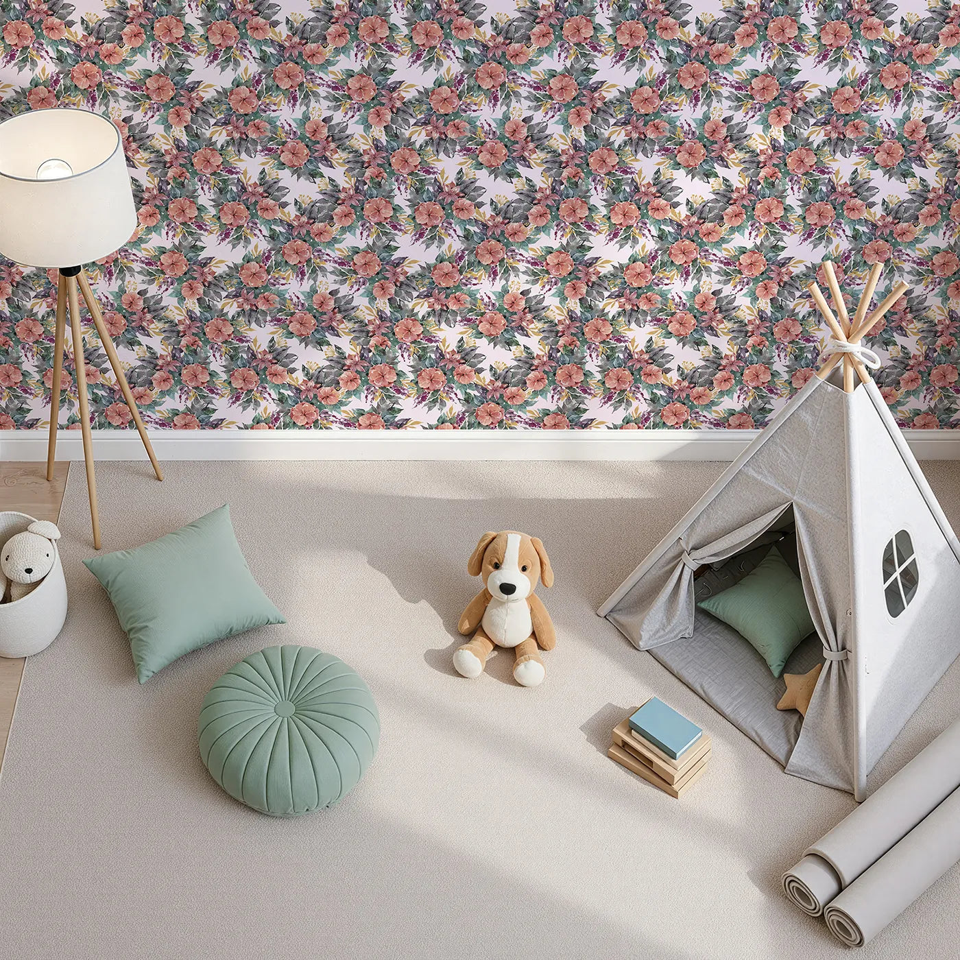 Top-Down view of Whimsy Tots' Autumn Bloom Cascade in Blush Pink (W3351B).Watercolor florals bloom gently across a sweet blush sky.