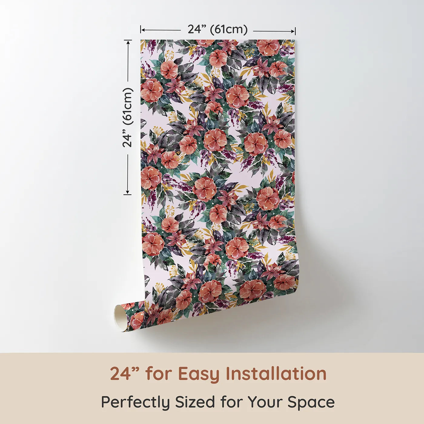 Dimension view of Whimsy Tots Autumn Bloom Cascade in Blush Pink (W3351B). Printed in 24-inch-wide panel for easy installation. Watercolor florals bloom gently across a sweet blush sky.