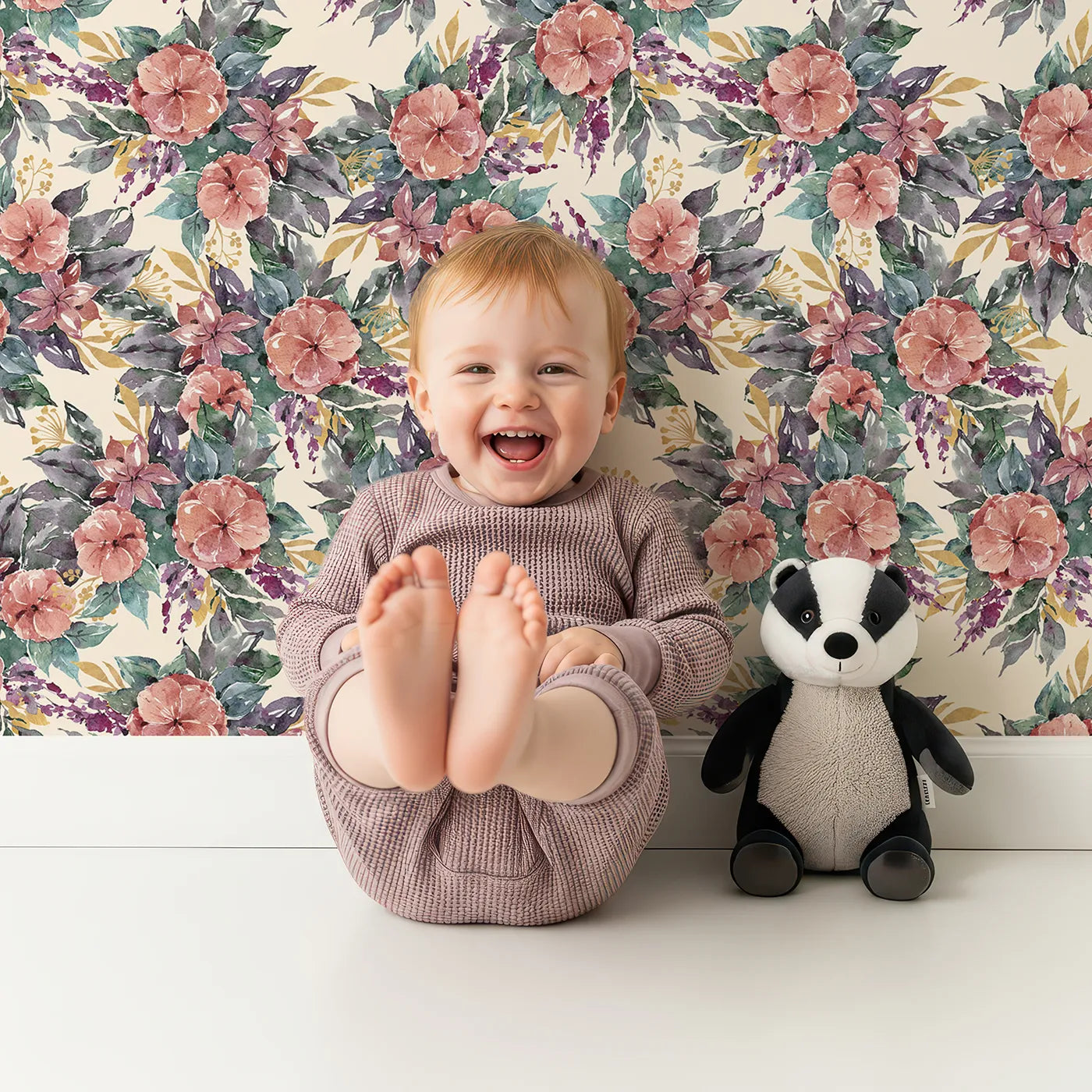 Lovely child standing in front of Whimsy Tots Autumn Bloom Cascade in Sand with flower, petal, leaf, vine in design.