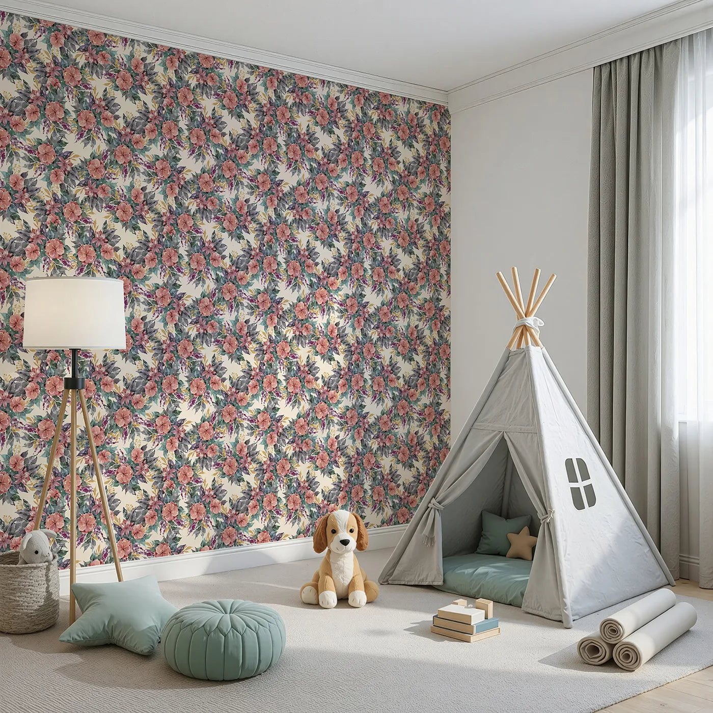 Angled view of Whimsy Tots' Autumn Bloom Cascade in Sand (W3351C).Rich watercolor florals rest on a warm sand-toned background.