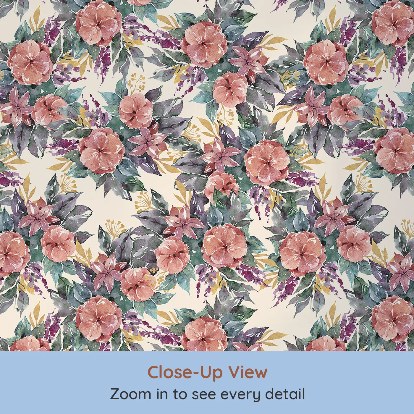 Close-up view of Whimsy Tots' Autumn Bloom Cascade in Sand (W3351C).Rich watercolor florals rest on a warm sand-toned background.