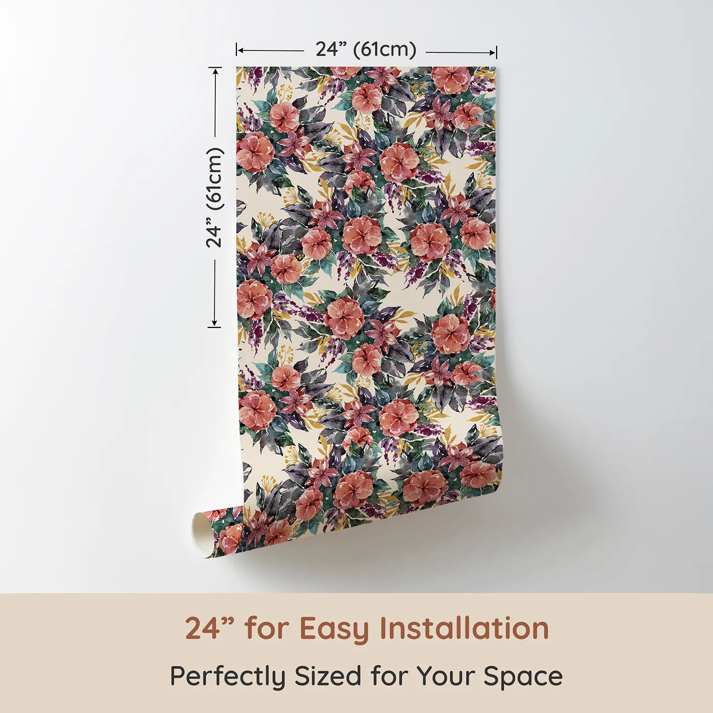 Dimension view of Whimsy Tots Autumn Bloom Cascade in Sand (W3351C). Printed in 24-inch-wide panel for easy installation. Rich watercolor florals rest on a warm sand-toned background.