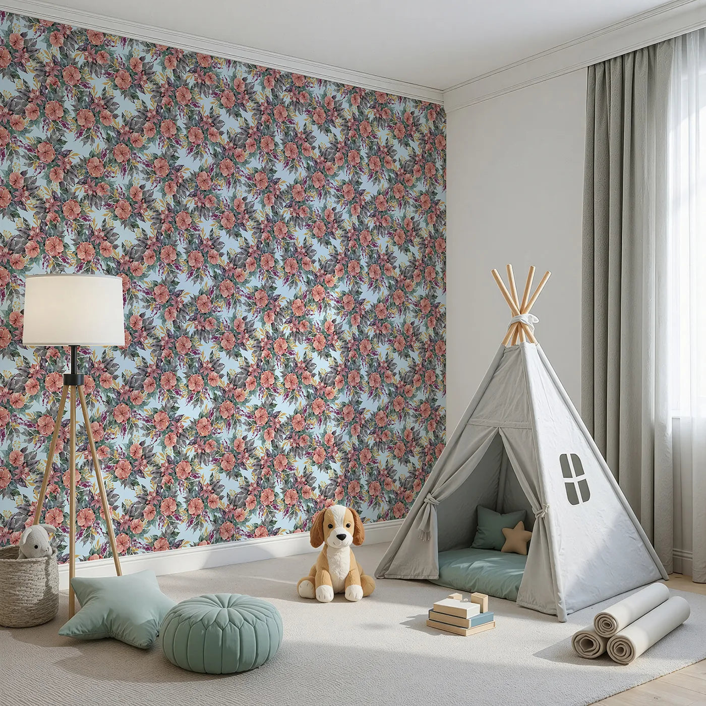 Angled view of Whimsy Tots' Autumn Bloom Cascade in Blue (W3351E).Watercolor florals bloom softly against a fresh blue sky.