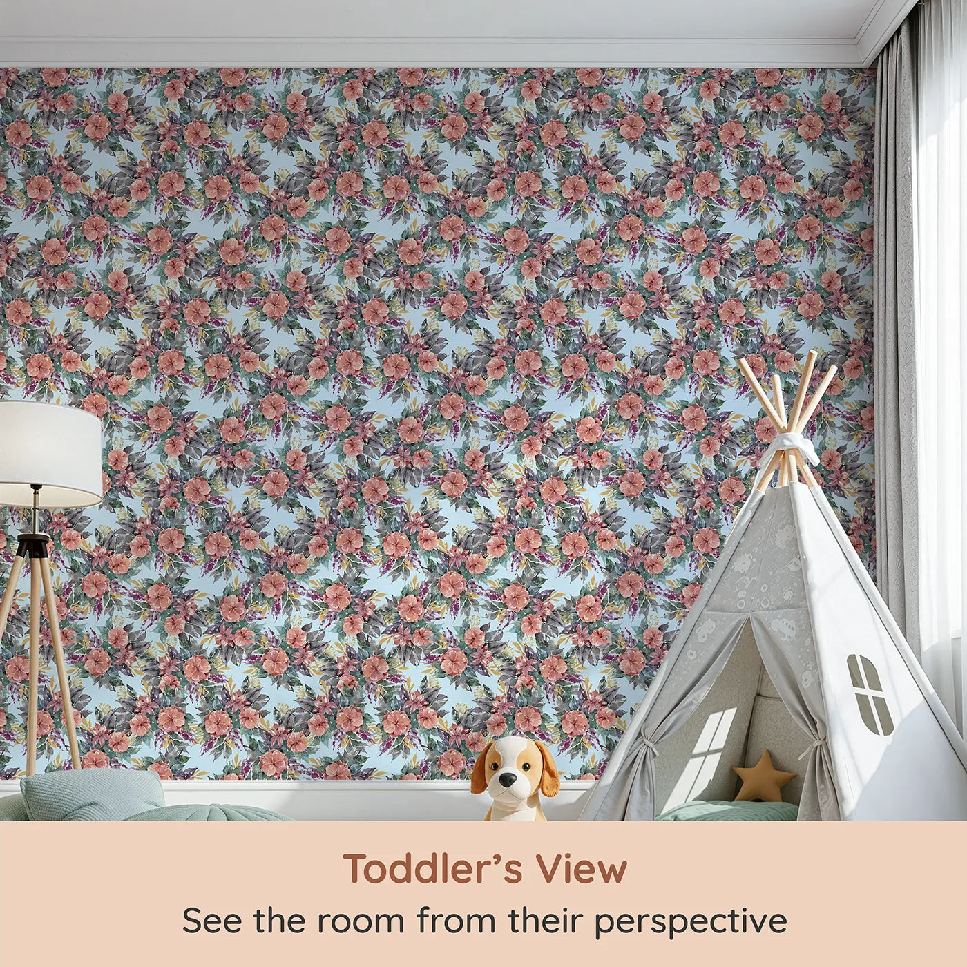 Whimsy Tots Autumn Bloom Cascade in Blue (W3351E) from your child's view.Watercolor florals bloom softly against a fresh blue sky.