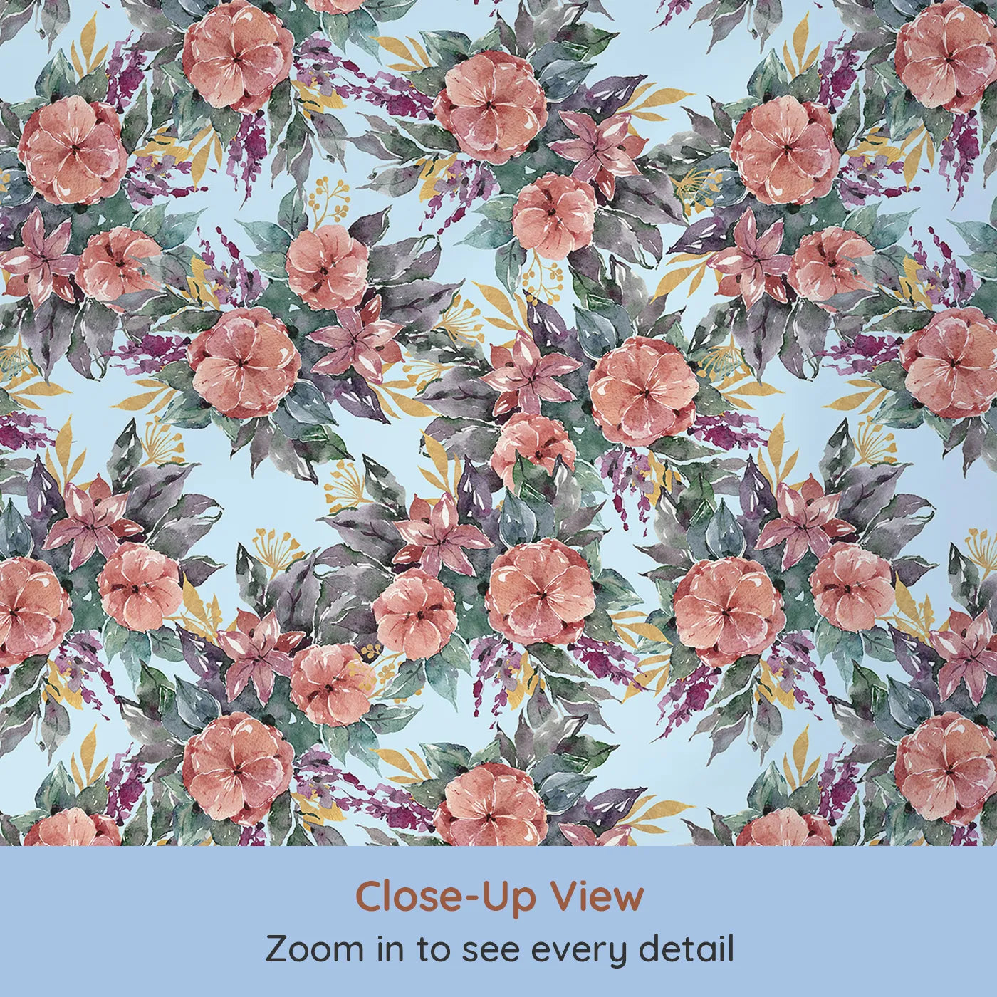 Close-up view of Whimsy Tots' Autumn Bloom Cascade in Blue (W3351E).Watercolor florals bloom softly against a fresh blue sky.