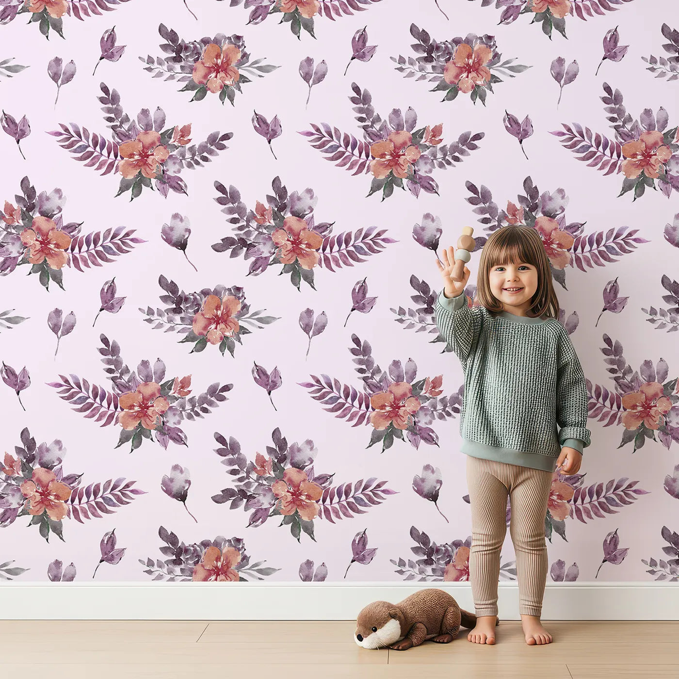 Lovely child standing in front of Whimsy Tots Berry Meadow Whispers in Blush Pink with flower, petal, leaf, sprig in design.