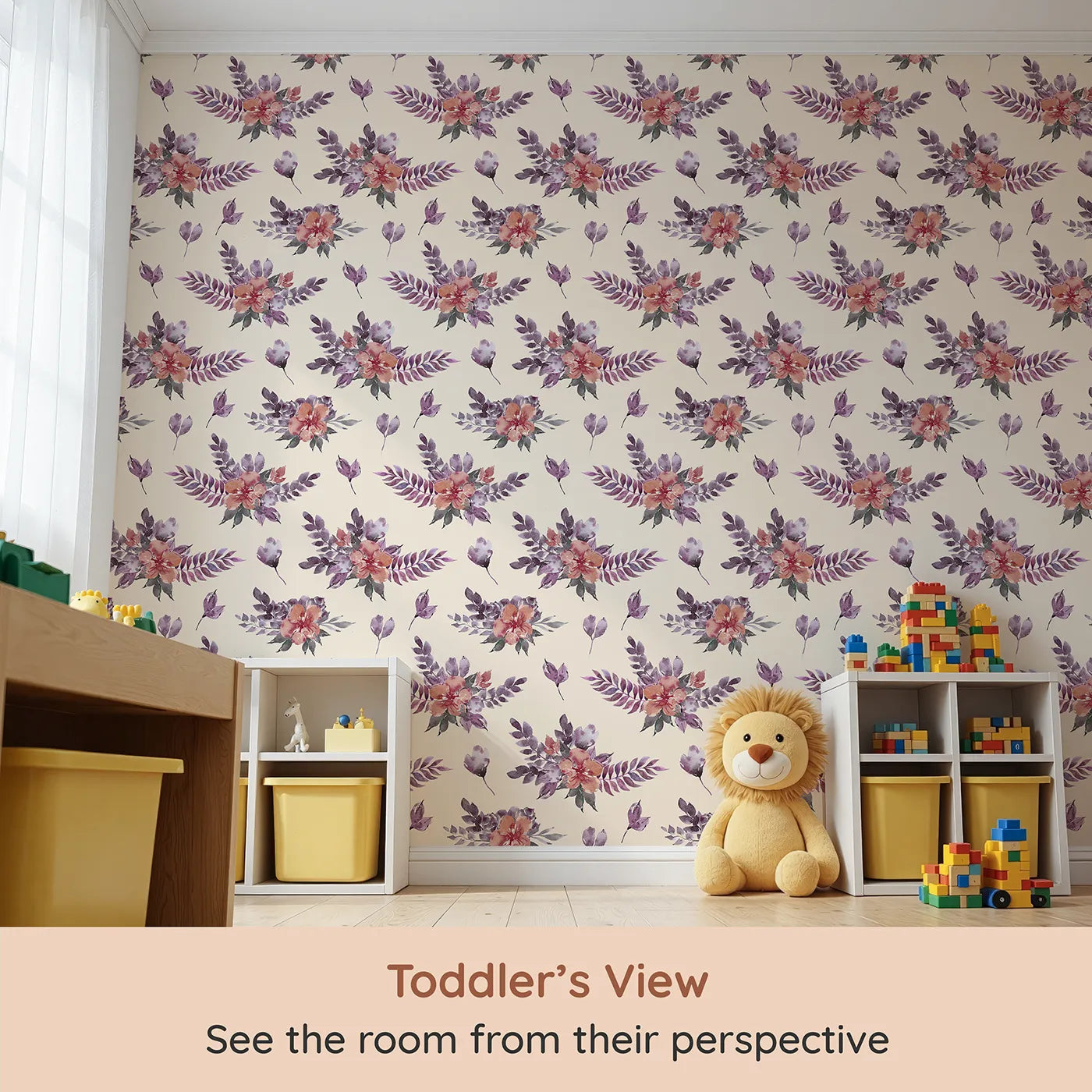 Whimsy Tots Berry Meadow Whispers in Sand (W3353C) from your child's view.Berry-hued blooms float across soft sandy skies.
