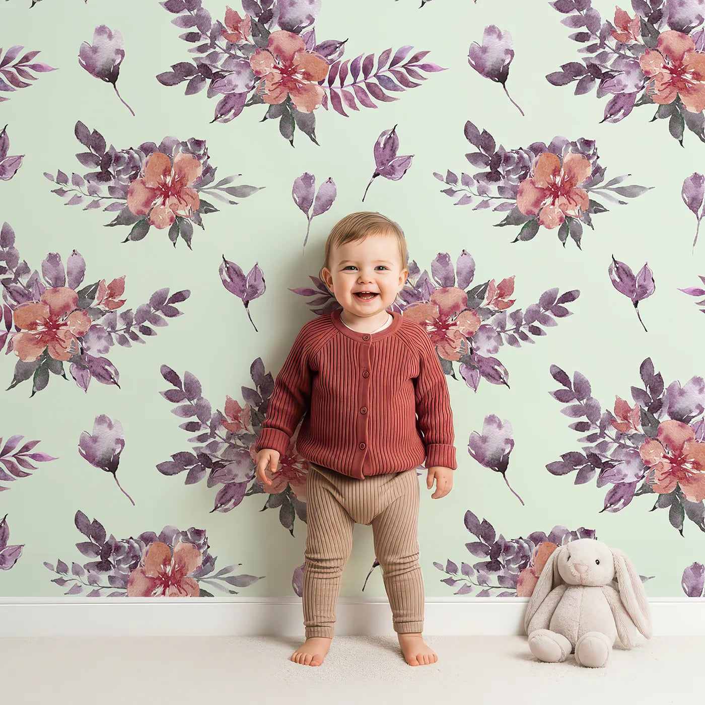 Lovely child standing in front of Whimsy Tots Berry Meadow Whispers in Mint Green with flower, petal, leaf, sprig in design.