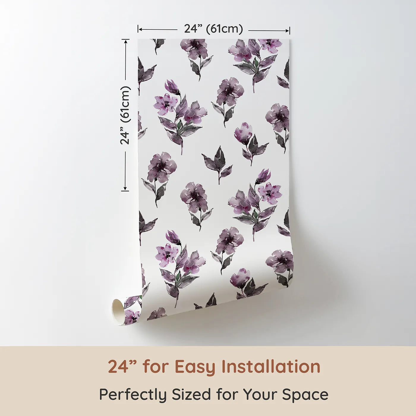 Dimension view of Whimsy Tots Lilac Sprig Dance in White (W3354A). Printed in 24-inch-wide panel for easy installation. Soft lilac florals sway lightly across bright white skies.