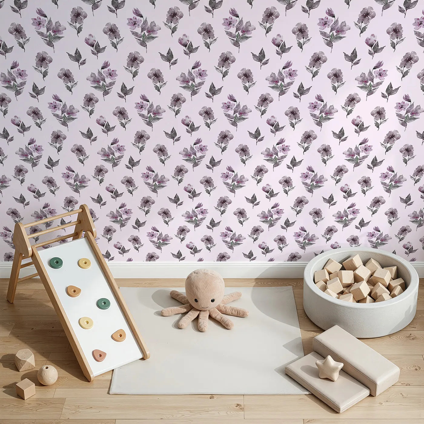 Top-Down view of Whimsy Tots' Lilac Sprig Dance in Blush Pink (W3354B).Lilac blossoms sway sweetly across pale pink skies.