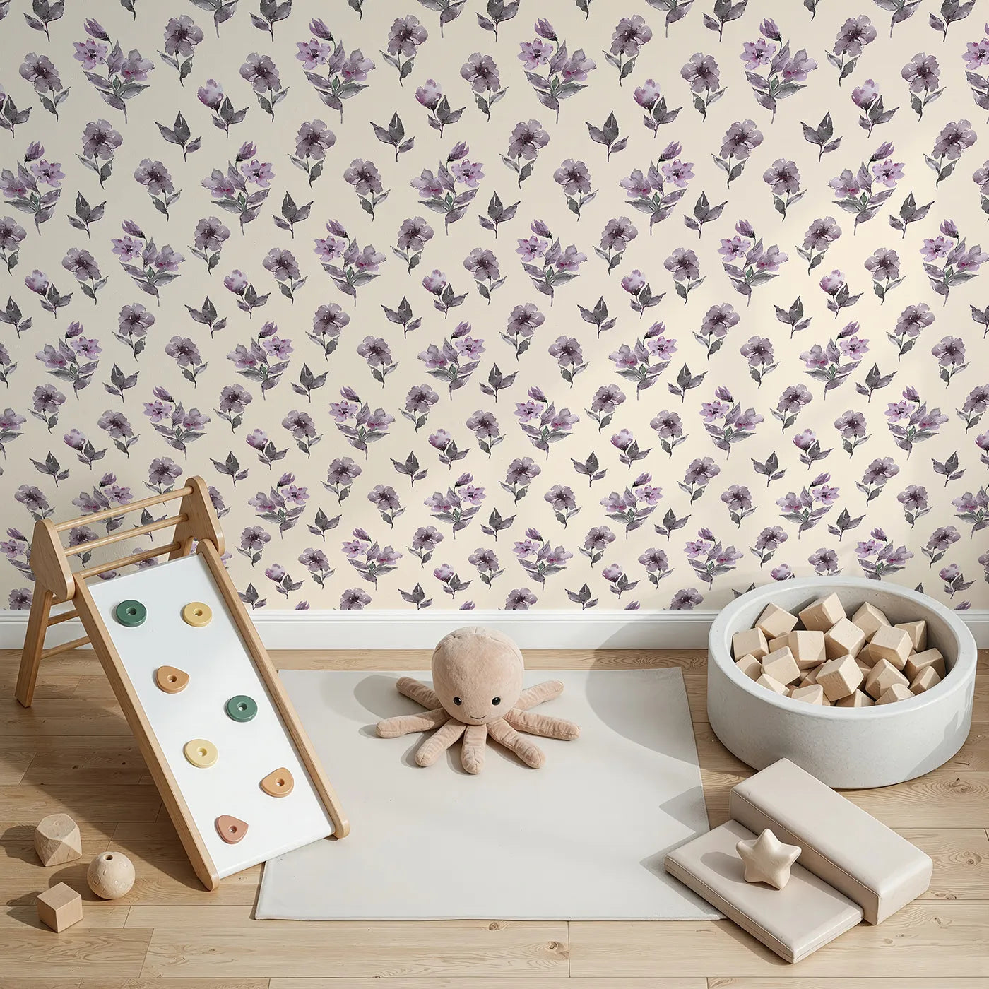 Top-Down view of Whimsy Tots' Lilac Sprig Dance in Sand (W3354C).Lilac flowers drift gently on soft sandy skies.
