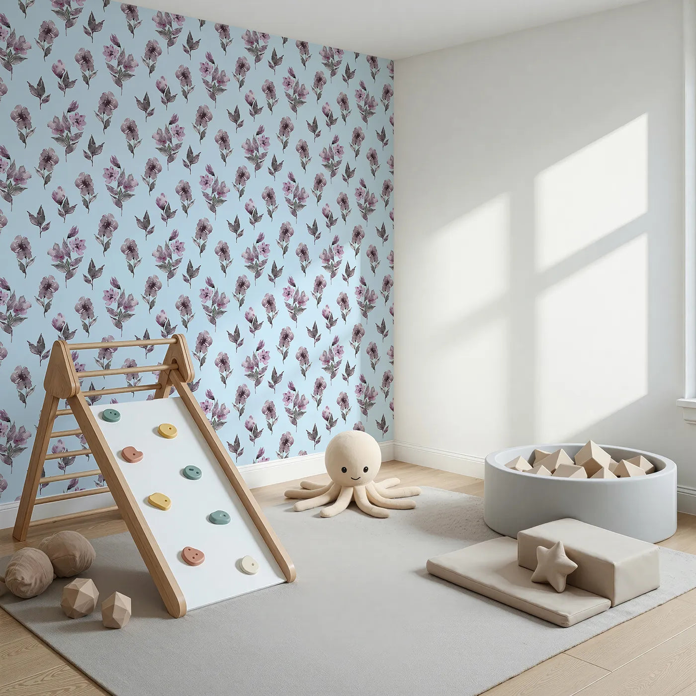 Angled view of Whimsy Tots' Lilac Sprig Dance in Sky (W3354E).Lilac florals bloom quietly on soft sky blue.