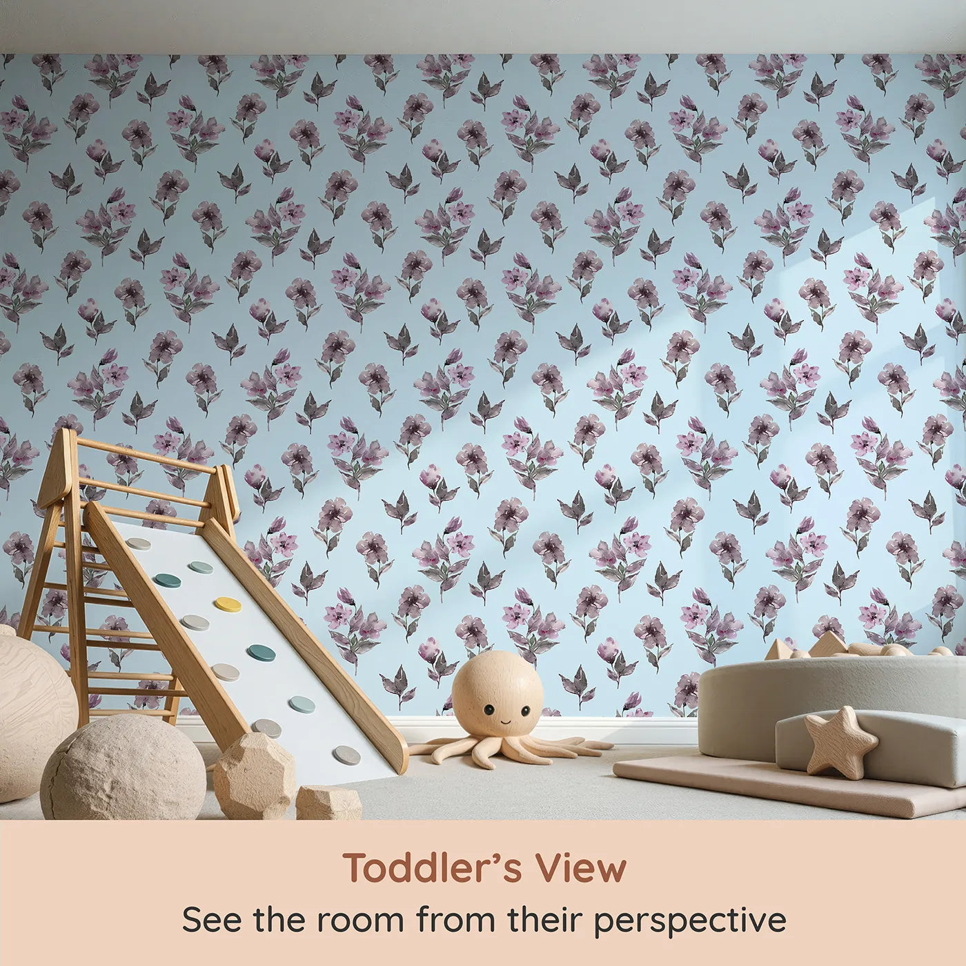 Whimsy Tots Lilac Sprig Dance in Sky (W3354E) from your child's view.Lilac florals bloom quietly on soft sky blue.